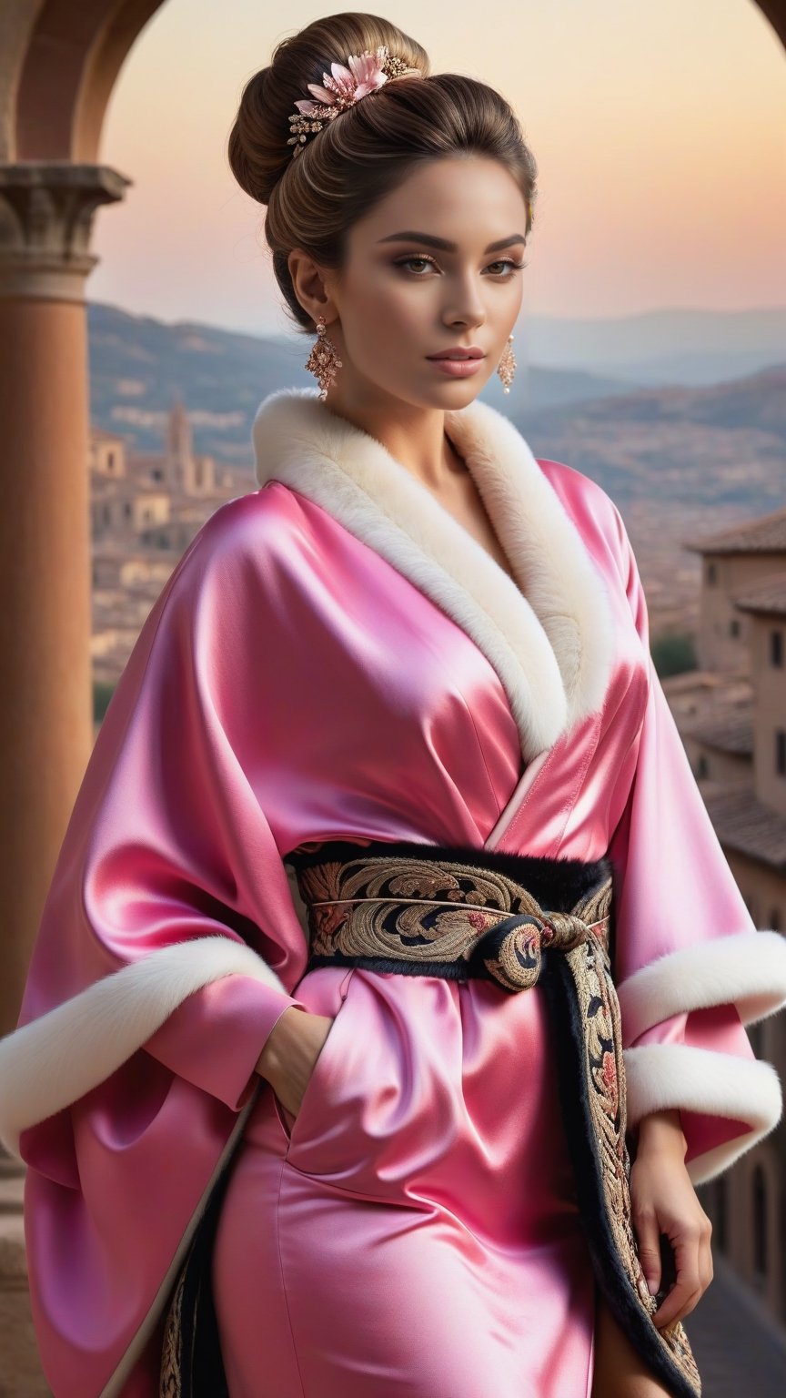 best quality, masterpiece,	
Embodying the charm of a beautiful Spanish maiden, a glamorous Hollywood star showcases her unique flair in a pink kimono reimagined with Rococo luxury, complemented by a fur-trim capelet, her dark blonde hair gracefully arranged in a bun. The ensemble is perfected with stylish accessories, blending the grandeur of the past with modern sophistication.
ultra realistic illustration, siena natural ratio, ultra hd, realistic, vivid colors, highly detailed, UHD drawing, perfect composition, ultra hd, 8k, he has an inner glow, stunning, something that even doesn't exist, mythical being, energy, molecular, textures, iridescent and luminescent scales, breathtaking beauty, pure perfection, divine presence, unforgettable, impressive, breathtaking beauty, Volumetric light, auras, rays, vivid colors reflects.