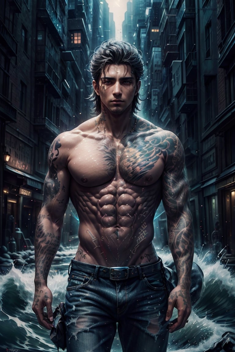 best quality, masterpiece,	(muscular Latino guy, 32year old:1.5),	(City theme:1.4), a businessman,	(body covered in words, words on body:1.4, tattoos of (words) on body:1.6), (a fine beard:1.0),	(a model look:1.4),	16K, (HDR:1.4), high contrast, bokeh:1.2, lens flare,	Full length side view, 	beautiful and aesthetic, vibrant color, Exquisite details and textures, cold tone, ultra realistic illustration,siena natural ratio, anime style, 	shot Wave black hair,	a shirt, jeans,	ultra hd, realistic, vivid colors, highly detailed, UHD drawing, perfect composition, ultra hd, 8k, he has an inner glow, stunning, something that even doesn't exist, mythical being, energy, molecular, textures, iridescent and luminescent scales, breathtaking beauty, pure perfection, divine presence, unforgettable, impressive, breathtaking beauty, Volumetric light, auras, rays, vivid colors reflects.