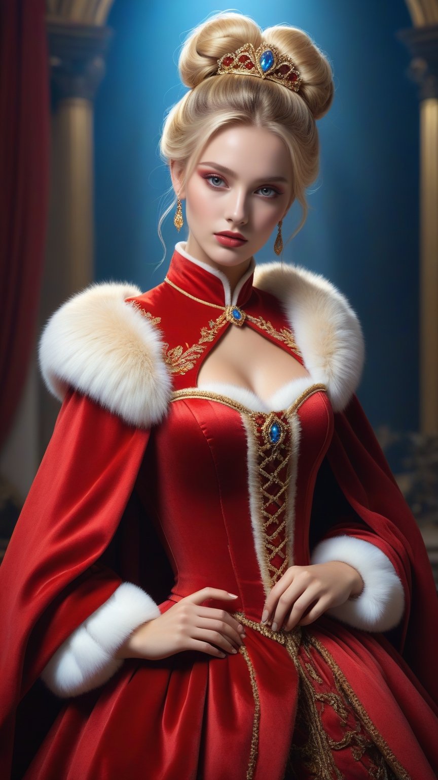 best quality, masterpiece,	
A beautiful Greek girl with blonde bun hair, dressed in a Rococo-inspired red fur costume, adorned with a fur trim capelet, strikes a provocative pose.

ultra realistic illustration, siena natural ratio, ultra hd, realistic, vivid colors, highly detailed, UHD drawing, perfect composition, ultra hd, 8k, he has an inner glow, stunning, something that even doesn't exist, mythical being, energy, molecular, textures, iridescent and luminescent scales, breathtaking beauty, pure perfection, divine presence, unforgettable, impressive, breathtaking beauty, Volumetric light, auras, rays, vivid colors reflects.