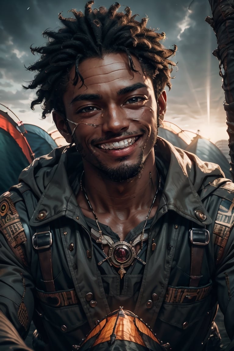 best quality, masterpiece,	(muscular African- American guy, 24year old:1.5),	(Camping theme:1.4), camping with my friends,	(body covered in words, words on body:0, tattoos of (words) on body:0), (a fine beard:0.5),	(a beautiful smile:1.8),	cinematic lighting, ambient lighting, sidelighting, cinematic shot,	half body view,	beautiful and aesthetic, vibrant color, Exquisite details and textures, cold tone, ultra realistic illustration,siena natural ratio, anime style, 	shot curly black hair,	ultra hd, realistic, vivid colors, highly detailed, UHD drawing, perfect composition, ultra hd, 8k, he has an inner glow, stunning, something that even doesn't exist, mythical being, energy, molecular, textures, iridescent and luminescent scales, breathtaking beauty, pure perfection, divine presence, unforgettable, impressive, breathtaking beauty, Volumetric light, auras, rays, vivid colors reflects.