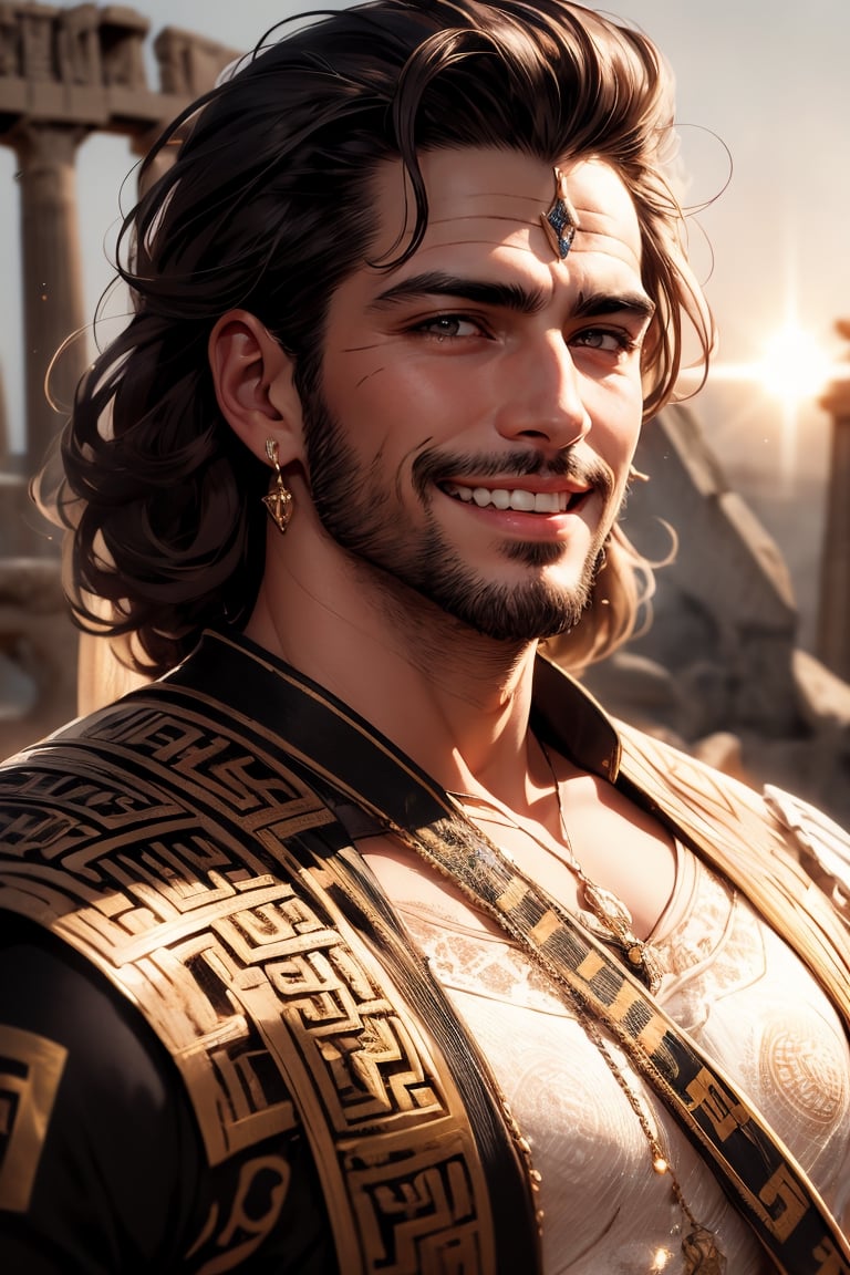 best quality, masterpiece,	(Handsome Latino guy, 45year old:1.5),	(Ancient Greece theme:1.4), Ancient Greece Knight,	(body covered in words, words on body:0, tattoos of (words) on body:0), (a fine beard:0.5),	(a gentle smile:1.5),	a muscular body, 16K, (HDR:1.4), high contrast, bokeh:1.2, lens flare,	low angle view,	beautiful and aesthetic, vibrant color, Exquisite details and textures, cold tone, ultra realistic illustration,siena natural ratio, anime style, 	shot curly brown hair, 	ultra hd, realistic, vivid colors, highly detailed, UHD drawing, perfect composition, ultra hd, 8k, he has an inner glow, Broken Glass effect, stunning, something that even doesn't exist, mythical being, energy, molecular, textures, iridescent and luminescent scales, breathtaking beauty, pure perfection, divine presence, unforgettable, impressive, breathtaking beauty, Volumetric light, auras, rays, vivid colors reflects.,handsome male