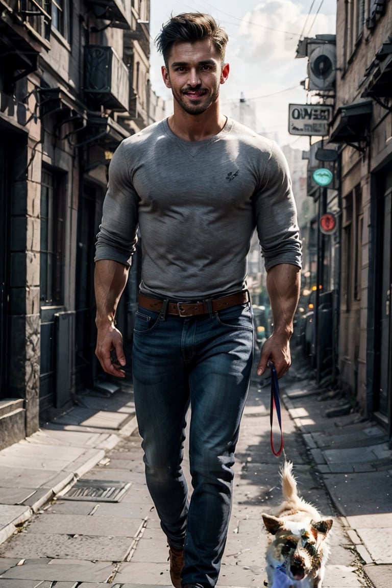 best quality, masterpiece,	(Handsome Latino guy, 24year old:1.5),	(walking theme:1.4), walking with a dog,	(body covered in words, words on body:0, tattoos of (words) on body:0), (a fine beard:0),	(a beautiful smile:1.3),	16K, (HDR:1.4), high contrast, bokeh:1.2, lens flare,	Full length view,	beautiful and aesthetic, vibrant color, Exquisite details and textures, cold tone, ultra realistic illustration,siena natural ratio, anime style, 	long Wave gray hair,	a t-shirt, low-rise jeans,	ultra hd, realistic, vivid colors, highly detailed, UHD drawing, perfect composition, ultra hd, 8k, he has an inner glow, stunning, something that even doesn't exist, mythical being, energy, molecular, textures, iridescent and luminescent scales, breathtaking beauty, pure perfection, divine presence, unforgettable, impressive, breathtaking beauty, Volumetric light, auras, rays, vivid colors reflects.