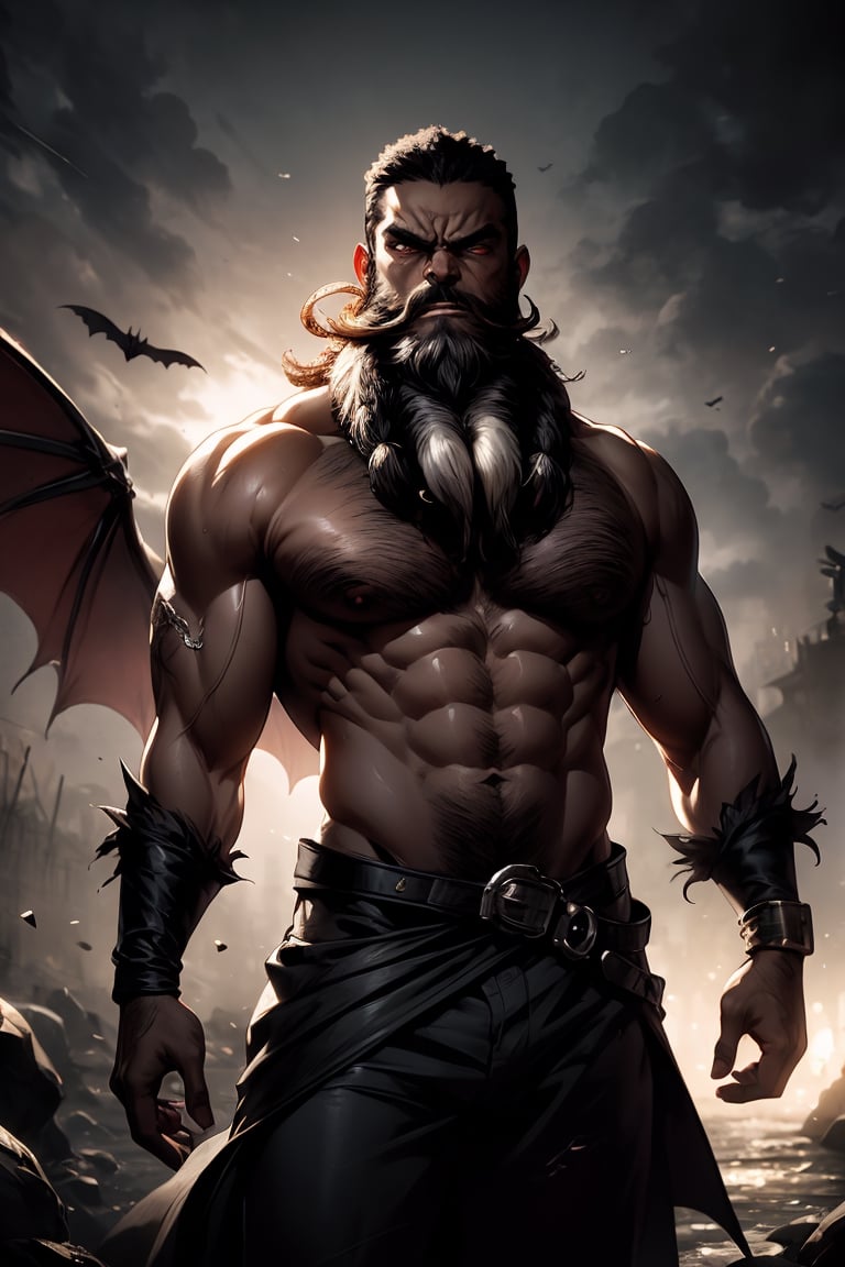 best quality, masterpiece,	(gentle African- American guy, 60year old:1.5),	(Dark Fantasy theme:1.4), vampire costume,	(body covered in words, words on body:0, tattoos of (words) on body:0), (a fine beard:1.5),	(a angry look:1.4),	a muscular body, 16K, (HDR:1.4), high contrast, bokeh:1.2, lens flare,	head to thigh portrait,	beautiful and aesthetic, vibrant color, Exquisite details and textures, cold tone, ultra realistic illustration,siena natural ratio, anime style, 	shot Wave dark gray hair, 	ultra hd, realistic, vivid colors, highly detailed, UHD drawing, perfect composition, ultra hd, 8k, he has an inner glow, stunning, something that even doesn't exist, mythical being, energy, molecular, textures, iridescent and luminescent scales, breathtaking beauty, pure perfection, divine presence, unforgettable, impressive, breathtaking beauty, Volumetric light, auras, rays, vivid colors reflects.,handsome male
