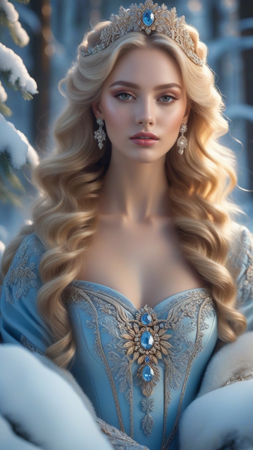 best quality, masterpiece,
In the serene beauty of a snowy Russian forest, a girl with very long wavy blonde hair captures the essence of Rococo style with a contemporary twist. Adorned with lavish jewelry that mirrors the crystalline snowflakes around her, she wears the latest fashion trends that pay homage to Russia's rich heritage. The picturesque setting, a testament to Russia's natural splendor, serves as the perfect canvas for her striking appearance, blending timeless elegance with modern flair to create a breathtaking vision of beauty and grace.
ultra realistic illustration,siena natural ratio, by Ai Pic 3D,	cinematic lighting, ambient lighting, sidelighting, cinematic shot,	head to thigh portrait,	digital art, ultra hd, realistic, vivid colors, extremely detailed, photography, ultra hd, realistic, vivid colors, highly detailed, UHD, perfect composition, beautiful detailed intricate insanely detailed octane render trending on artstation, 8k artistic photography, photorealistic concept art, soft natural volumetric cinematic perfect light.