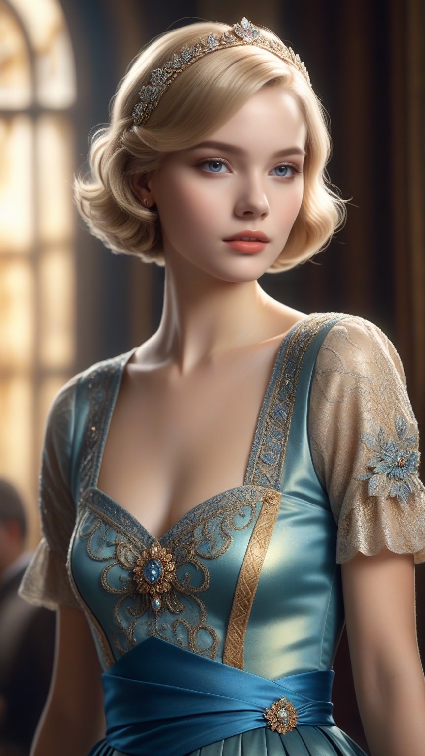 best quality, masterpiece,	
Envision a striking Norwegian girl with a short blunt cut bob, her appearance a modern fusion of Rococo and medieval princess attire, her style reflecting the sophisticated elegance of 1930s hairstyles and fashion, reminiscent of Hollywood's golden age glamour.
ultra realistic illustration, siena natural ratio, ultra hd, realistic, vivid colors, highly detailed, UHD drawing, perfect composition, ultra hd, 8k, he has an inner glow, stunning, something that even doesn't exist, mythical being, energy, molecular, textures, iridescent and luminescent scales, breathtaking beauty, pure perfection, divine presence, unforgettable, impressive, breathtaking beauty, Volumetric light, auras, rays, vivid colors reflects.