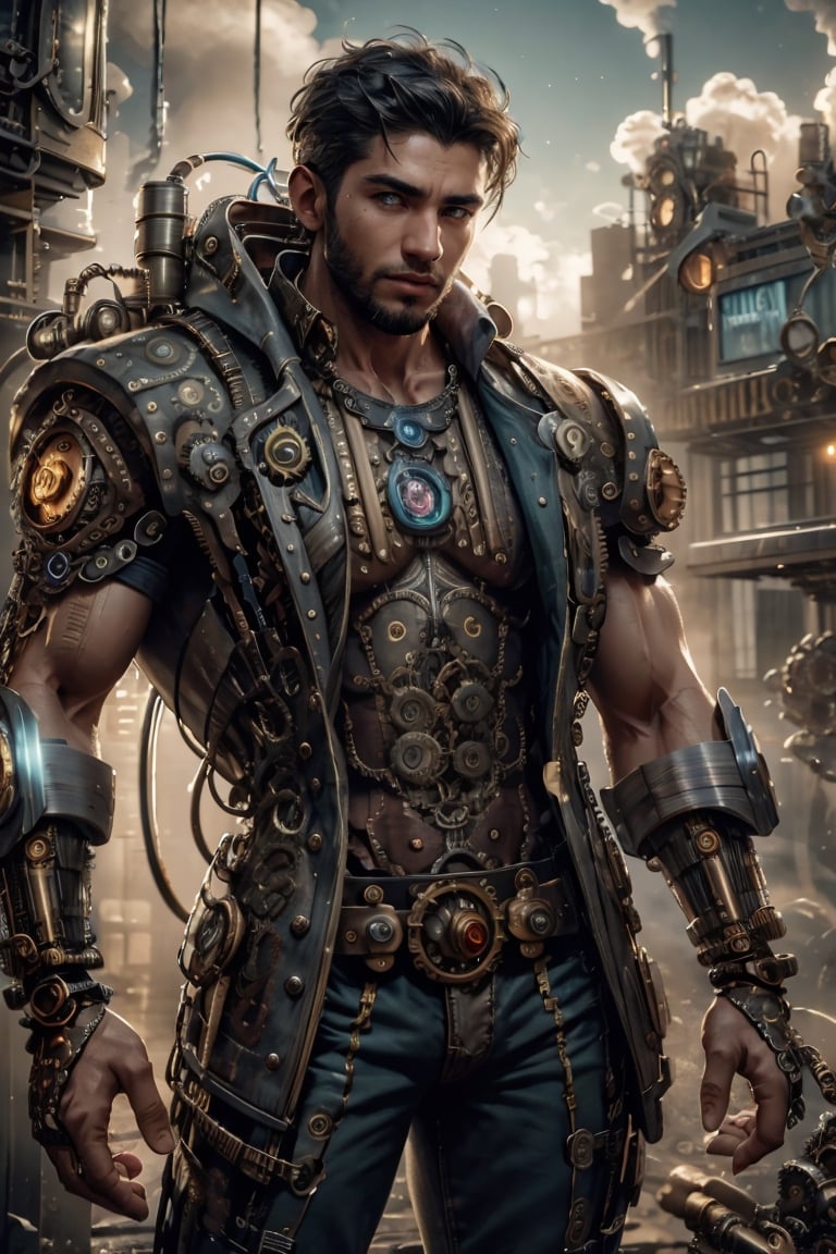 best quality, masterpiece,	(muscular Latino guy, 32year old:1.5),	(Steampunk theme:1.4), Steampunk Warrior,	(body covered in words, words on body:0, tattoos of (words) on body:0), (a fine beard:0),	(a casual look:1.4),	a muscular body, 16K, (HDR:1.4), high contrast, bokeh:1.2, lens flare,	half body view,	beautiful and aesthetic, vibrant color, Exquisite details and textures, cold tone, ultra realistic illustration,siena natural ratio, anime style, 	shot curly brown hair, 	ultra hd, realistic, vivid colors, highly detailed, UHD drawing, perfect composition, ultra hd, 8k, he has an inner glow, stunning, something that even doesn't exist, mythical being, energy, molecular, textures, iridescent and luminescent scales, breathtaking beauty, pure perfection, divine presence, unforgettable, impressive, breathtaking beauty, Volumetric light, auras, rays, vivid colors reflects.