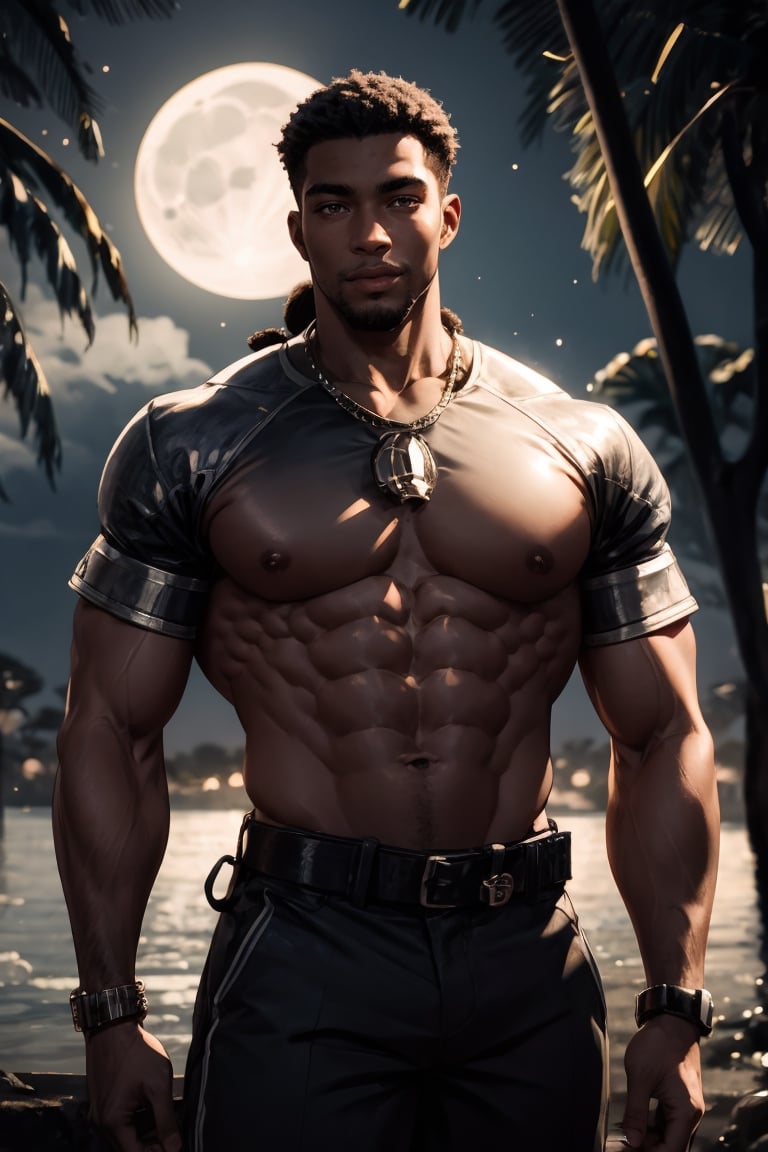 best quality, masterpiece,	(muscular African- American guy, 18year old:1.5),	(moonlight theme:1.4), Assassin costume,	(body covered in words, words on body:0, tattoos of (words) on body:0), (a fine beard:0),	(a gentle smile:1.1),	16K, (HDR:1.4), high contrast, bokeh:1.2, lens flare,	head to thigh portrait,	beautiful and aesthetic, vibrant color, Exquisite details and textures, cold tone, ultra realistic illustration,siena natural ratio, anime style, 	long Wave dark brown hair,	ultra hd, realistic, vivid colors, highly detailed, UHD drawing, perfect composition, ultra hd, 8k, he has an inner glow, stunning, something that even doesn't exist, mythical being, energy, molecular, textures, iridescent and luminescent scales, breathtaking beauty, pure perfection, divine presence, unforgettable, impressive, breathtaking beauty, Volumetric light, auras, rays, vivid colors reflects.