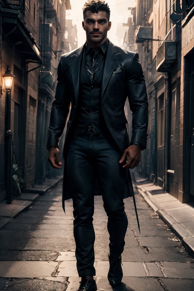 best quality, masterpiece,	(Handsome African- American guy, 45year old:1.5),	(Dark Fantasy theme:1.4), vampire costume,	(body covered in words, words on body:0, tattoos of (words) on body:0), (a fine beard:0),	(a beautiful smile:1.1),	cinematic lighting, ambient lighting, sidelighting, cinematic shot,	Full length view,	beautiful and aesthetic, vibrant color, Exquisite details and textures, cold tone, ultra realistic illustration,siena natural ratio, anime style, 	long Wave dark brown hair,	ultra hd, realistic, vivid colors, highly detailed, UHD drawing, perfect composition, ultra hd, 8k, he has an inner glow, stunning, something that even doesn't exist, mythical being, energy, molecular, textures, iridescent and luminescent scales, breathtaking beauty, pure perfection, divine presence, unforgettable, impressive, breathtaking beauty, Volumetric light, auras, rays, vivid colors reflects.