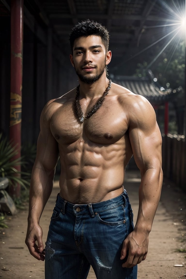 best quality, masterpiece,	(muscular African- American guy, 28year old:1.5),	(ancient Chinese theme:1.4), ancient Chinese Knight,	(body covered in words, words on body:0.5, tattoos of (words) on body:0.5), (a fine beard:1.4),	(a beautiful smile:1.3),	16K, (HDR:1.4), high contrast, bokeh:1.2, lens flare,	low angle view,	beautiful and aesthetic, vibrant color, Exquisite details and textures, cold tone, ultra realistic illustration,siena natural ratio, anime style, 	Short Blunt Cut Bob haircut,	a t-shirt, jeans,	ultra hd, realistic, vivid colors, highly detailed, UHD drawing, perfect composition, ultra hd, 8k, he has an inner glow, stunning, something that even doesn't exist, mythical being, energy, molecular, textures, iridescent and luminescent scales, breathtaking beauty, pure perfection, divine presence, unforgettable, impressive, breathtaking beauty, Volumetric light, auras, rays, vivid colors reflects.