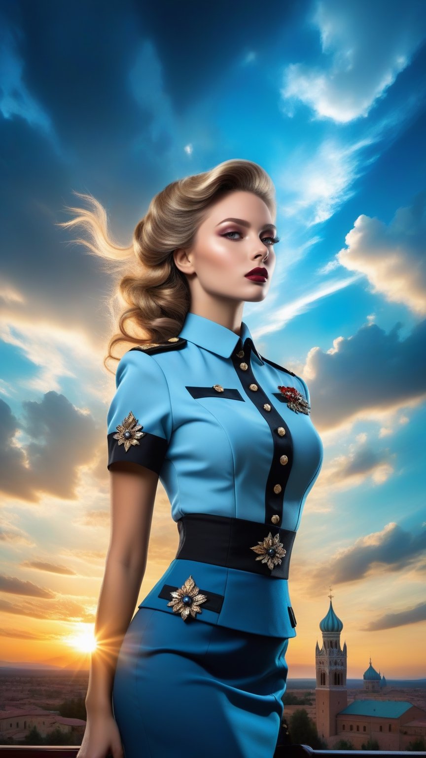 best quality, masterpiece,								
The beautiful Russian model, blending the flowing elegance of Art Nouveau with the somber beauty of Gothic style, exudes sophistication in a crisp skyblue nurse uniform paired with a classic pencil skirt. Her look is thoughtfully accentuated with chic fashion accessories, weaving in the glamour of a Hollywood star, showcasing a unique blend of professional grace and high-fashion allure that captivates and inspires, merging timeless elegance with modern flair.
ultra realistic illustration,siena natural ratio, by Ai Pic 3D,	16K, (HDR:1.4), high contrast, bokeh:1.2, lens flare,	Waist-up back-view,	Unreal. Alcohol ink. Naturepunk. Intense. Beautiful. Mysterious. High contrast. Deep intense colors. crystals. Shadow play. Dynamic angle. Cinematic. Detailed. Intricate. Lightening. Wild sky with clouds. at Sunset. By Dreamer. Lightning storm. Reflections. Extreme camera angle from below. Water. Clouds. Mysterious. High contrast. Intricate details. Layered. Glowing from within. Filigree. Mother of pearl. Sharp focus.