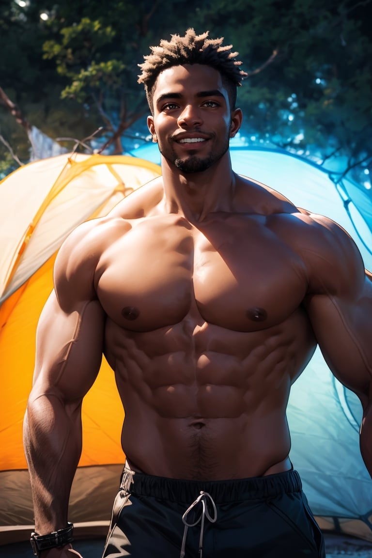 best quality, masterpiece,	(muscular African- American guy, 28year old:1.5),	(Camping theme:1.4), camping with my dog,	(body covered in words, words on body:0.5, tattoos of (words) on body:0.5), (a fine beard:0.8),	(a big smile:1.2),	cinematic lighting, ambient lighting, sidelighting, cinematic shot,	Full length view,	beautiful and aesthetic, vibrant color, Exquisite details and textures, cold tone, ultra realistic illustration,siena natural ratio, anime style, 	Straight blonde hair,	ultra hd, realistic, vivid colors, highly detailed, UHD drawing, perfect composition, ultra hd, 8k, he has an inner glow, stunning, something that even doesn't exist, mythical being, energy, molecular, textures, iridescent and luminescent scales, breathtaking beauty, pure perfection, divine presence, unforgettable, impressive, breathtaking beauty, Volumetric light, auras, rays, vivid colors reflects.