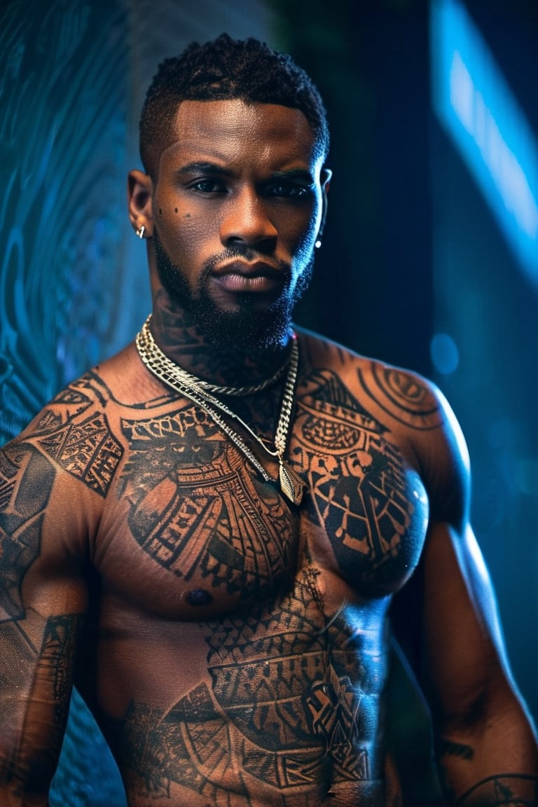 wallpaper, anime, 8k moda masculina, musculoskeletal, IA,Ia, tatuagem, best quality, masterpiece, (Handsome African- American guy, 24year old:1.5), (fantasy theme:1.4), Warrior costume, (body covered in words, words on body:0, tattoos of (words) on body:0), (a fine beard:0), (a Cruel look:1.2), a muscular body, 16K, (HDR:1.4), high contrast, bokeh:1.2, lens flare, head to thigh portrait, beautiful and aesthetic, vibrant color, Exquisite details and text
 8k, images realistic, art IA, wallpaper, anime, 4K moda masculina, musculoskeletal, IA,Ia, tatuagem, black men, inteligencia Artificial, 8k, images realistic, art IA, wallpaper, anime, 4K moda masculina, musculoskeletal, IA,Ia, tatuagem