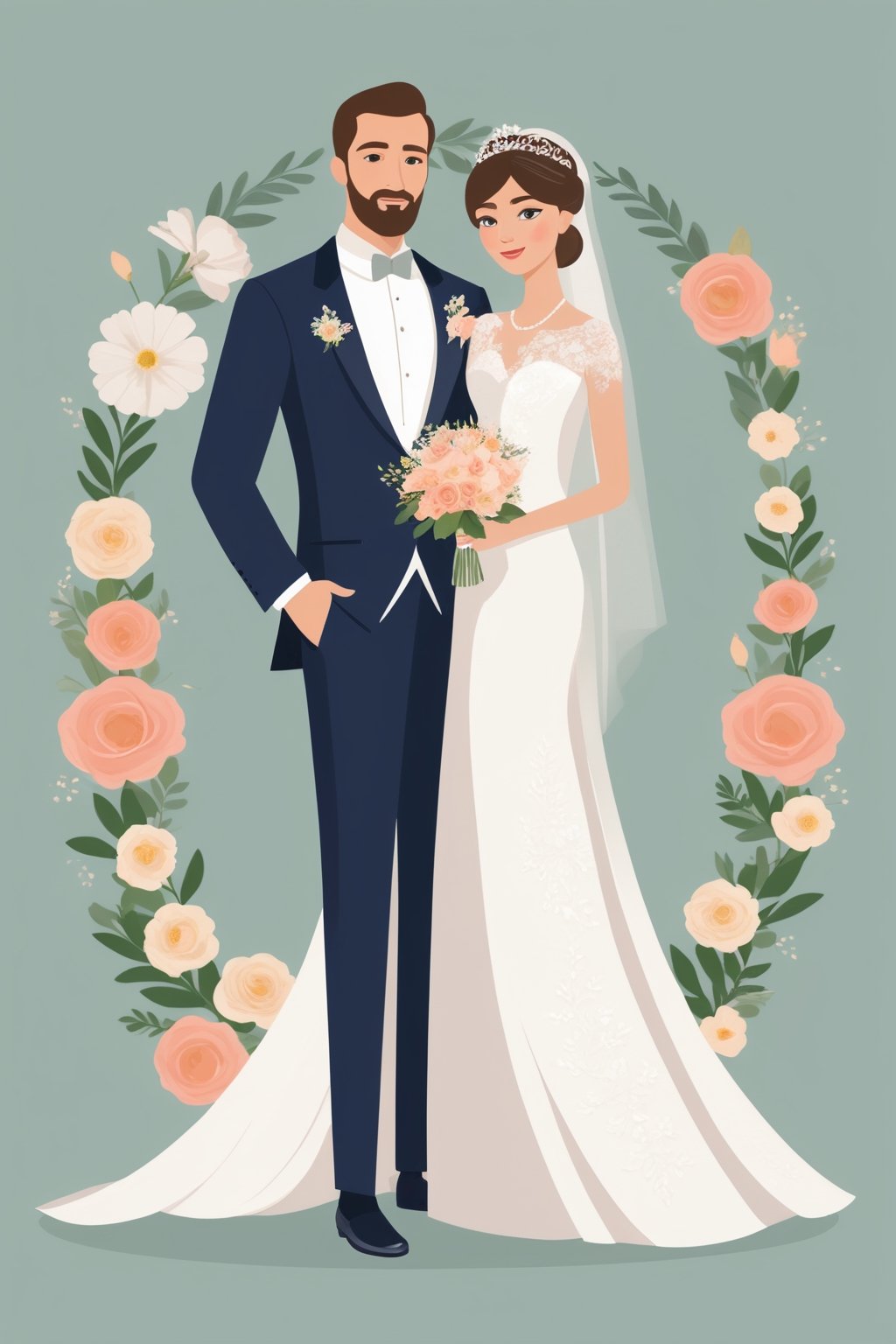 (masterpiece, best quality), illustration, wedding event, wedding motifs, design, flat design, flowers, traditional wedding designs, what makes a wedding, wedding dress illustration, no humans