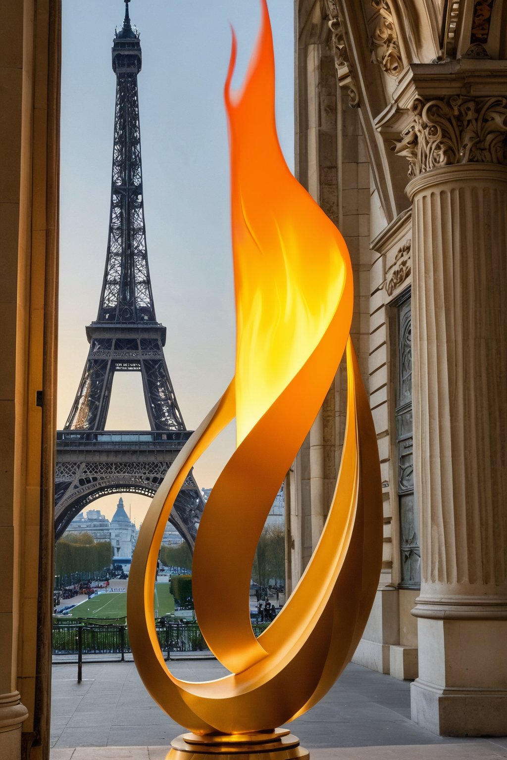 (masterpiece, best quality, highly detailed), Olympic flame, (Olympic logo:1.4) in background and Paris
