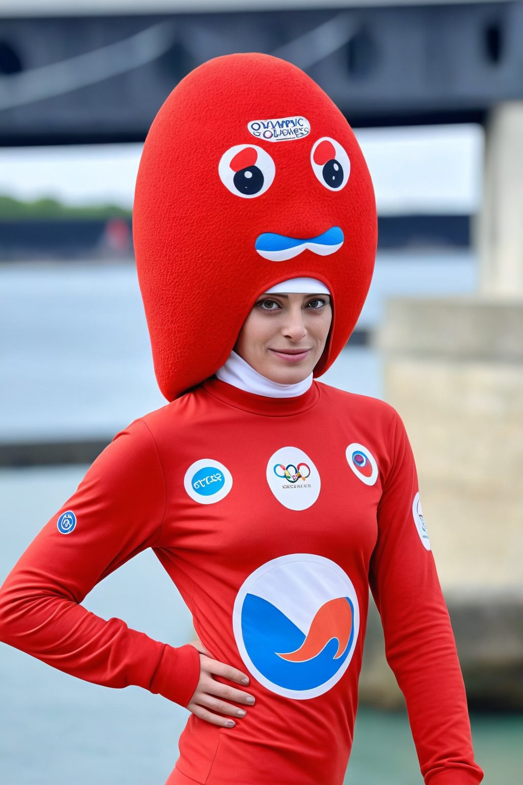 (masterpiece, best quality, highly detailed), portrait of a french woman with turtleneck shirt wearing (red Phrygian cap) with (Olympic circles:1.4) in background and Paris
