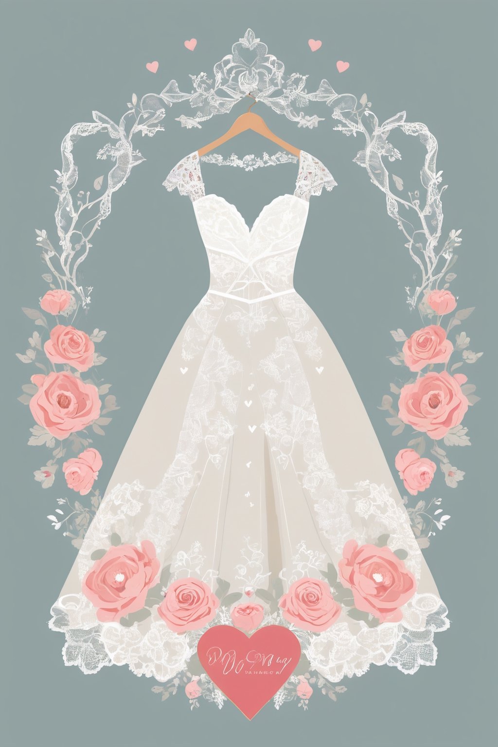 (masterpiece, best quality), illustration, modern design, wedding event, wedding motifs, flat design, lace, flowers, traditional wedding designs, what makes a wedding, wedding dress illustration, hearts