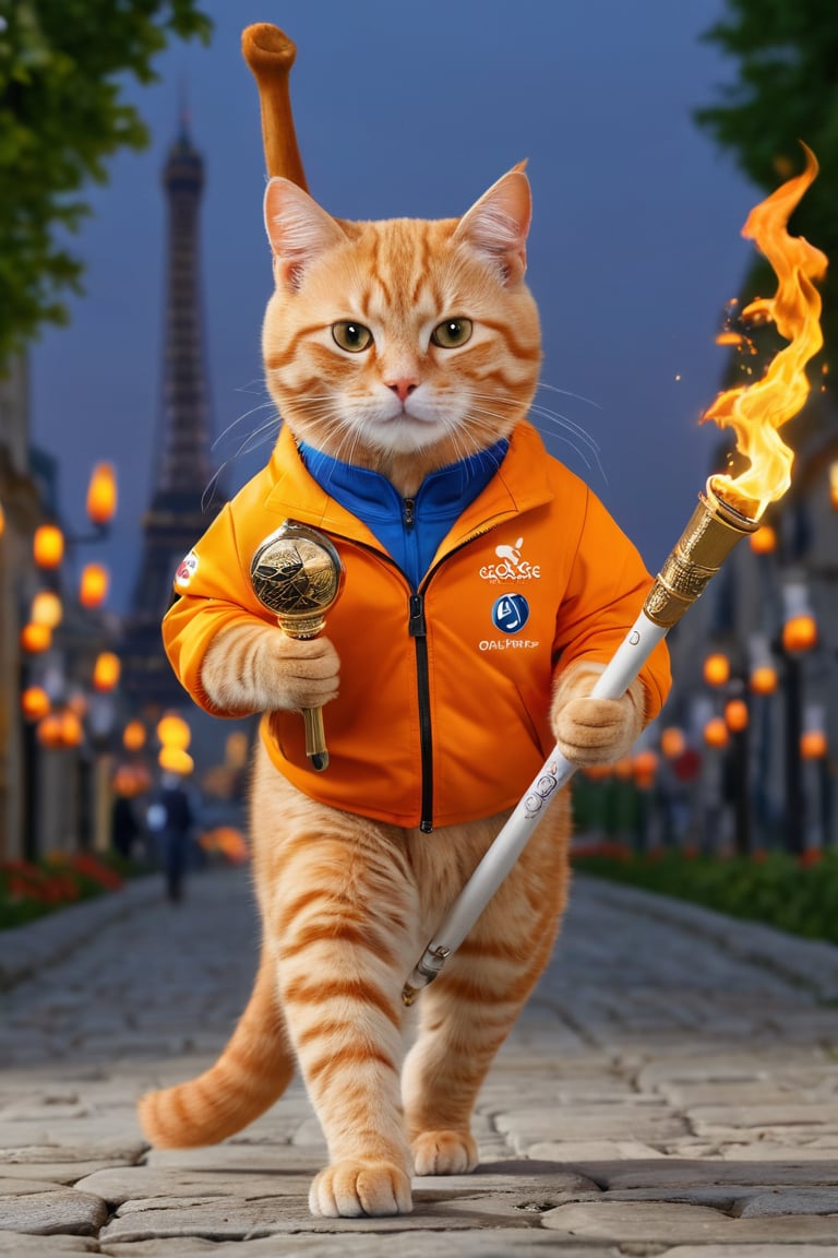 (masterpiece, best quality, highly detailed), orange cat carrying Olypic torch, Olympic games logo, Olympic circles, Paris 2024
