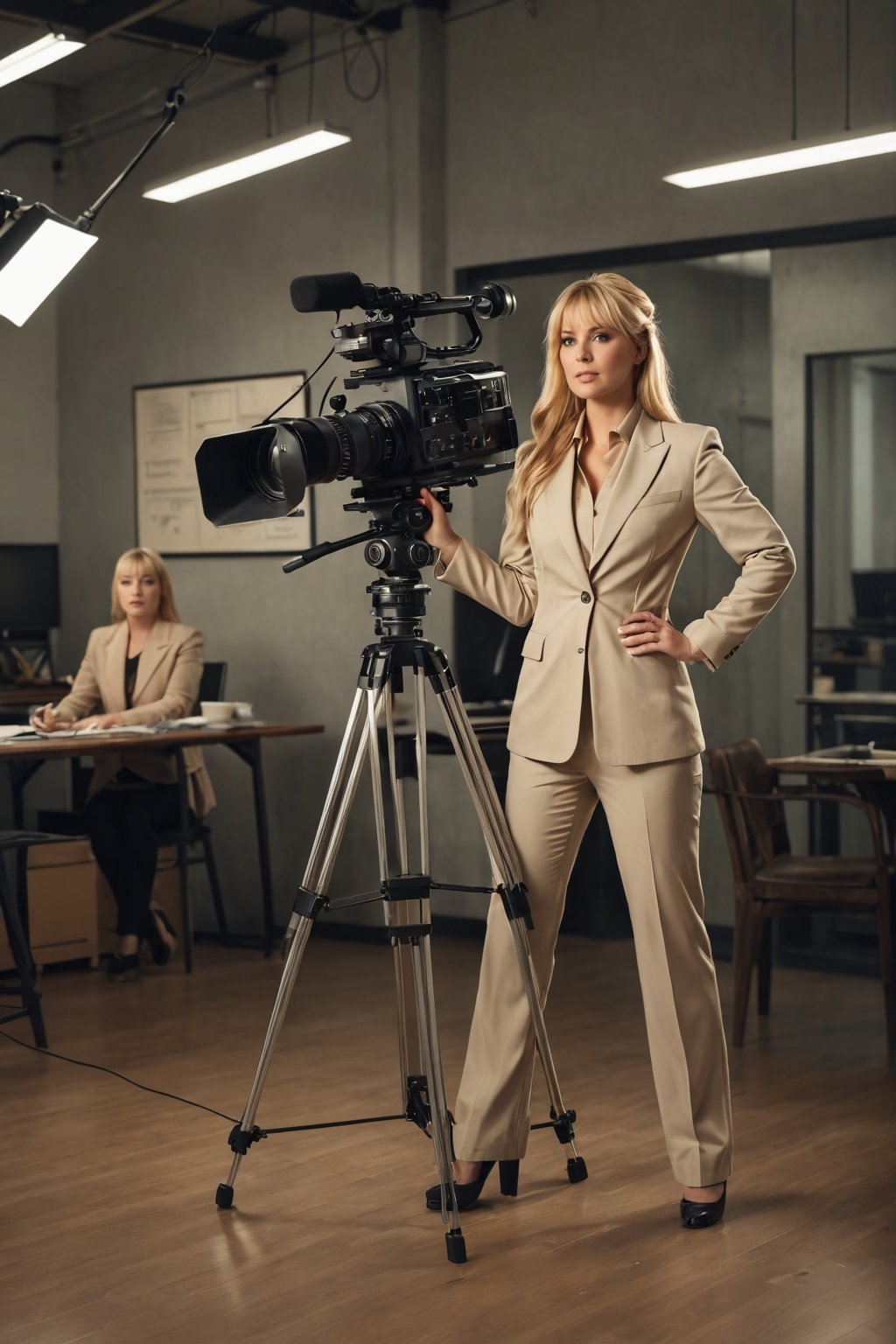 volumetric lighting, woman, milf, sensual, beautiful, curvy, voluptuous, blonde hair, fringe bangs, long hair, ponytail, office lady, beige format suit, jacket, pants, shirt, wide hips, office, (shooting of a movie scene), film, large movie camera, crew, director, chair, clapboard on the floor, realistic, photorealistic, HDR