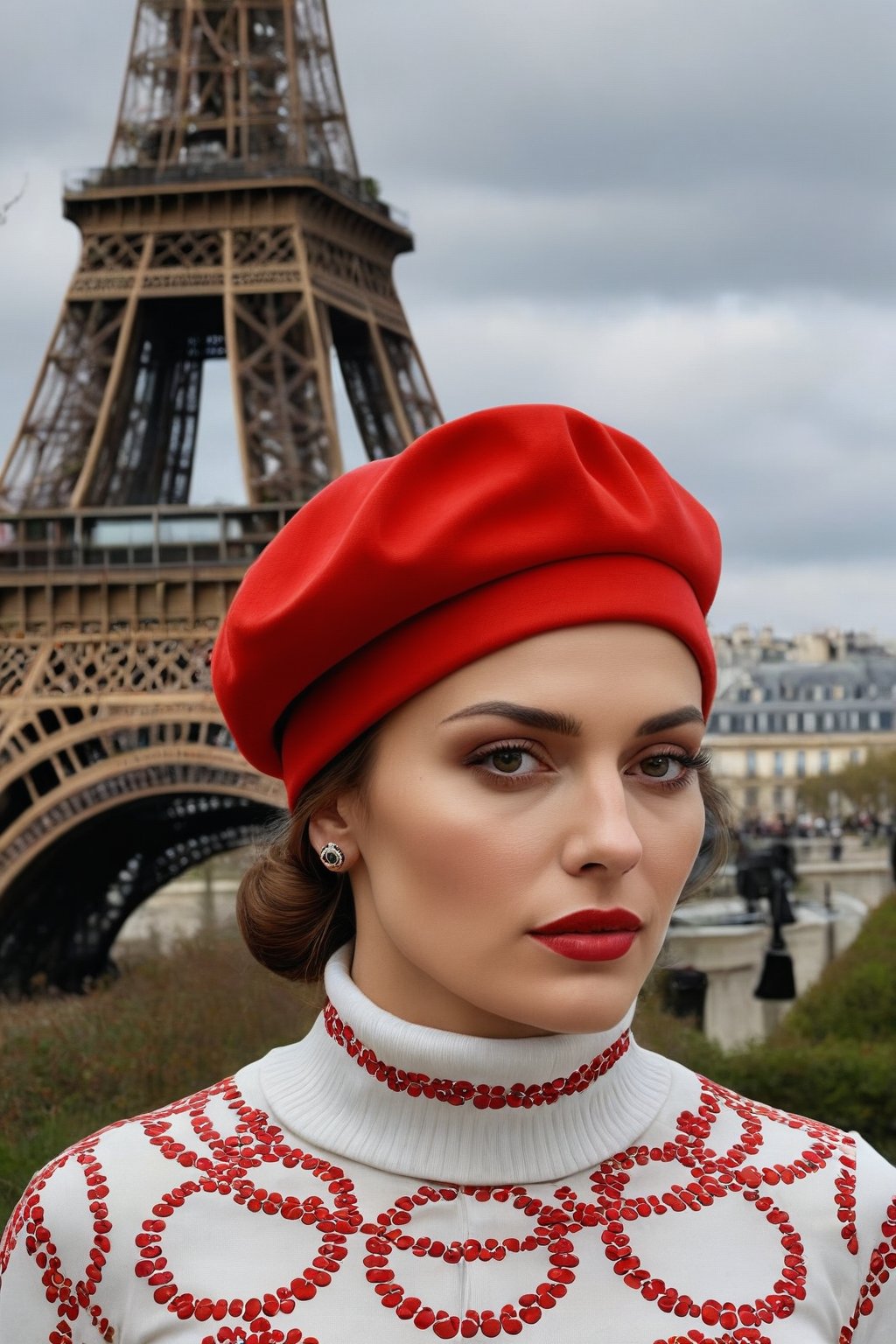 (masterpiece, best quality, highly detailed), portrait of a french woman with turtleneck shirt wearing (red Phrygian cap) with (Olympic circles:1.4) in background and Paris
