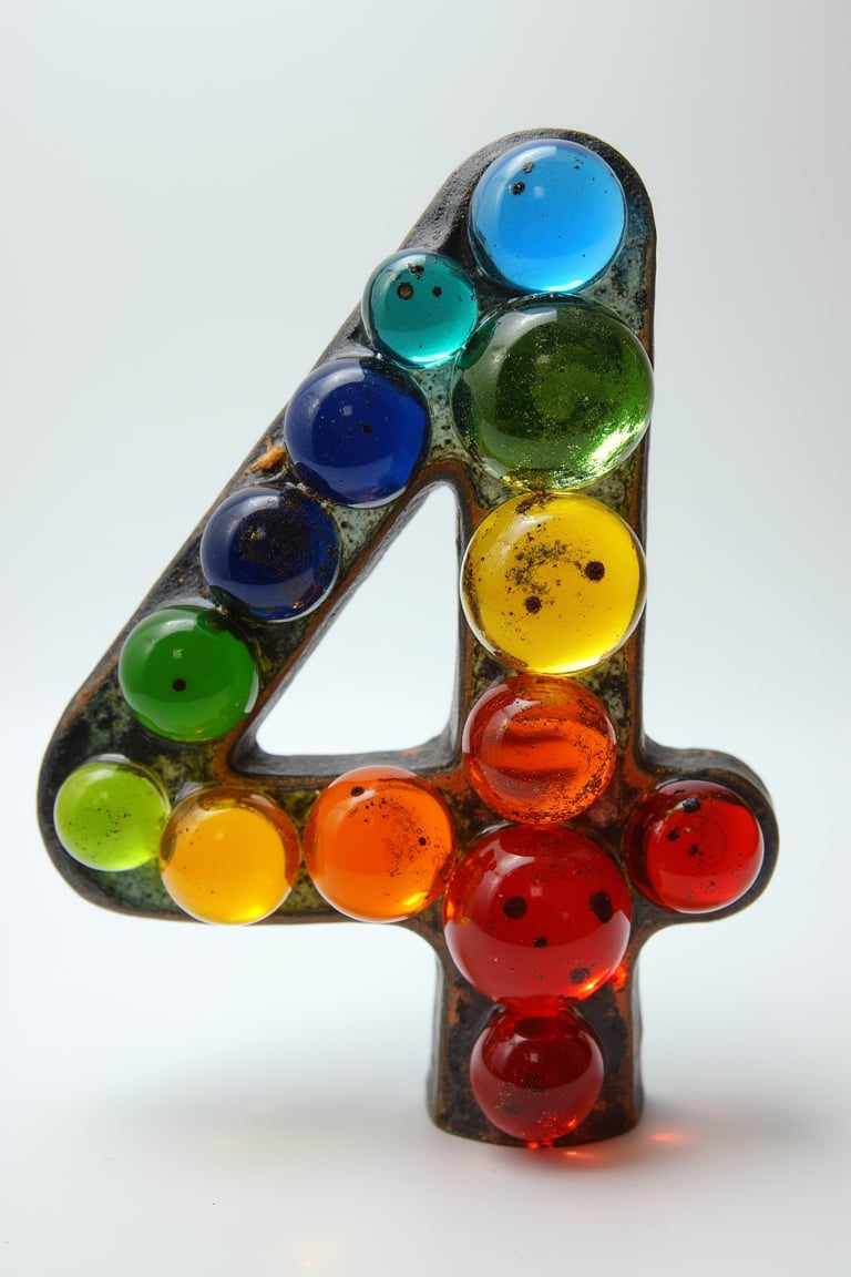 number four made out of colored glass marbles