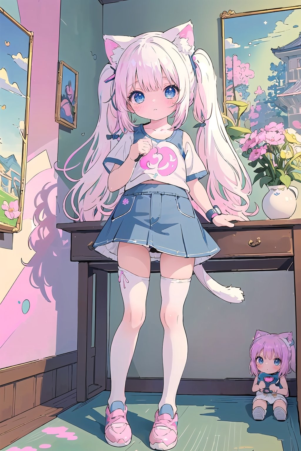 cute fluffy style anime realm, detailed, young, (loli:1.6), jk, kawaii, (white hair:1.3), long hair, (straight hair:1.3), (twintail:1.4), round face, white fluffy T-shirt, (short denim skirt:1.4), (shows whole body:1.5), cat ears, bangs, cat tail, shy, embarrassed, introvert, (deep blue eyes:1.5), (white compression stockings:1.5), (white sports shoes:1.5), pigeon-toed, slim legs, (short legs:1.8), super detailed, background of bedroom, with writing table, pillow, many stuffed toys, pillow, lying on her stomach, legs slightly bent, colourful and detailed background with flower patterns, light colour background, Better clothing, detailed clothing, perfect clothes,(best quality, masterpiece:2.0), japan anime style, midjourney, cuteloli, 1GIRL, (pink watch on left hand:1.5)