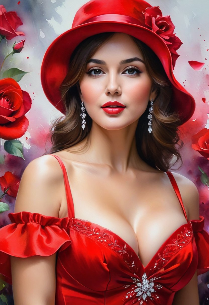 Portrait: ((Ambient Lighting)). Masterpiece, Watercolor Painting, Brunette Busty Beauty in Red Hat, Red Dress, b (Photorealistic: 1.1), High Detail, Ultra-Realistic, Rich Colors, Intricate Brush Strokes, Fine Art, Realism, Delicate Rose Petals, Realistic Rendering, Expressive Face, Captivating Look, (Best Quality), (Skin Detail: 1.2), ((Beautiful Anatomy)), (Beautiful Hands), (Realistic: 1.1), (Vivid and Lively), (Expressive Emotion), (Beautiful: 1.3), (Attraction: 1.2), (Beauty: 1.4), (Flowers: 1.5).,more XL,DonMM4g1cXL, colorful,color art,color chaos,more detail XL