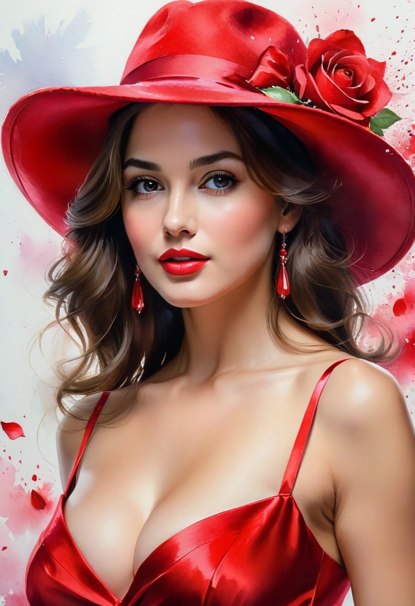 Portrait: ((Ambient Lighting)). Masterpiece, Watercolor Painting, Brunette Busty Beauty in Red Hat, Red Dress, b (Photorealistic: 1.1), High Detail, Ultra-Realistic, Rich Colors, Intricate Brush Strokes, Fine Art, Realism, Delicate Rose Petals, Realistic Rendering, Expressive Face, Captivating Look, (Best Quality), (Skin Detail: 1.2), ((Beautiful Anatomy)), (Beautiful Hands), (Realistic: 1.1), (Vivid and Lively), (Expressive Emotion), (Beautiful: 1.3), (Attraction: 1.2), (Beauty: 1.4), (Flowers: 1.5).,more XL,DonMM4g1cXL, colorful,color art,color chaos,more detail XL