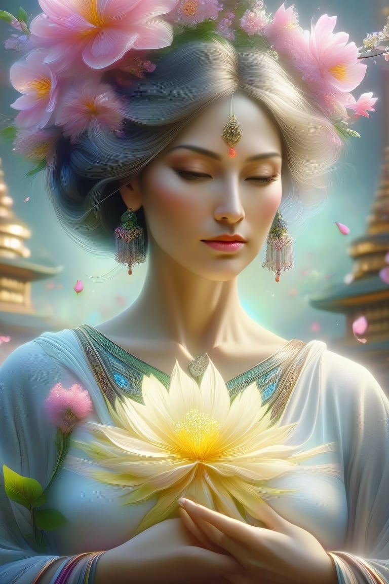 close-up of the torso of a 50-year-old woman, with a flower on one temple, looking at the camera, spring mood, beautiful digital art, beautiful great digital art, beautiful digital art, beautiful digital illustration, beautiful fantastic portrait, very beautiful digital art, beautiful digital painting , gorgeous digital painting, beautiful fantasy portrait, stunning digital art, stunning digital illustration, beautiful portrait image, stunning digital painting, stunning digital art