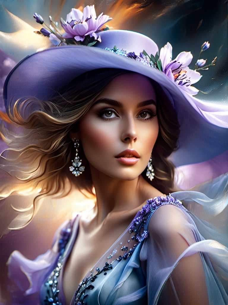 ((sunlight, sun rays)). Close-up of a waist-length woman in a lilac blue chiffon dress with a low neckline, elbow length sleeves, a hat with one large flower, large expressive eyes, black eyelashes, beautiful anatomy, Flower Storm Portrait, Digital Painting On Fire, Digital Painting Style, Stylized Beautiful Portrait, Sultry Digital Painting, Stunning Digital Painting, Portrait Photography, Fashion Photography Art, Beautiful Fantasy Portrait Inspired by Horst Anthes, Digital Fantasy Portrait, Gorgeous Digital Painting, DonMM4g1cXL, more XL, more XL, DonMB4nsh33XL