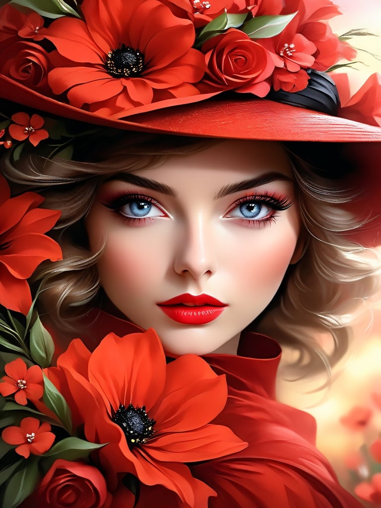 Close-up of a woman in a red chiffon short sleeve dress and a large hat with flowers, large expressive eyes, black eyelashes, portrait of a flower storm, fiery digital painting, woman in flowers, digital painting style, Stylized beauty portrait, sultry digital painting, Stunning digital painting, portrait photography, fine art of fashion photography, beautiful fantasy portrait, fantasy portrait inspired by Horst Anthes, digital fantasy portrait, gorgeous digital painting