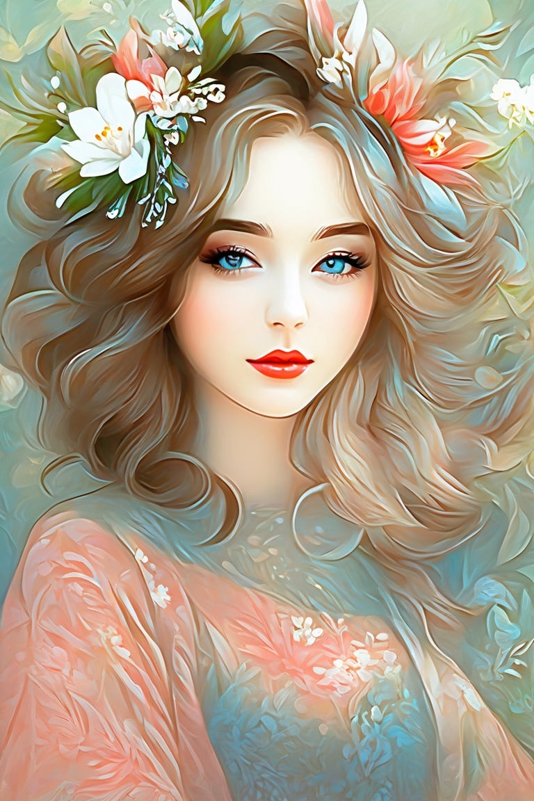 Image of a woman with flowers in her hair, elegant digital painting, beautiful gorgeous digital art, beautiful digital art, exquisite digital illustration, Beautiful digital illustration, detailed beautiful portrait, gorgeous digital art, beautiful portrait image, Beautiful illustrations, digital art portrait, lookover style, in digital illustration style, beautiful fantasy style portrait, beautiful digital artwork