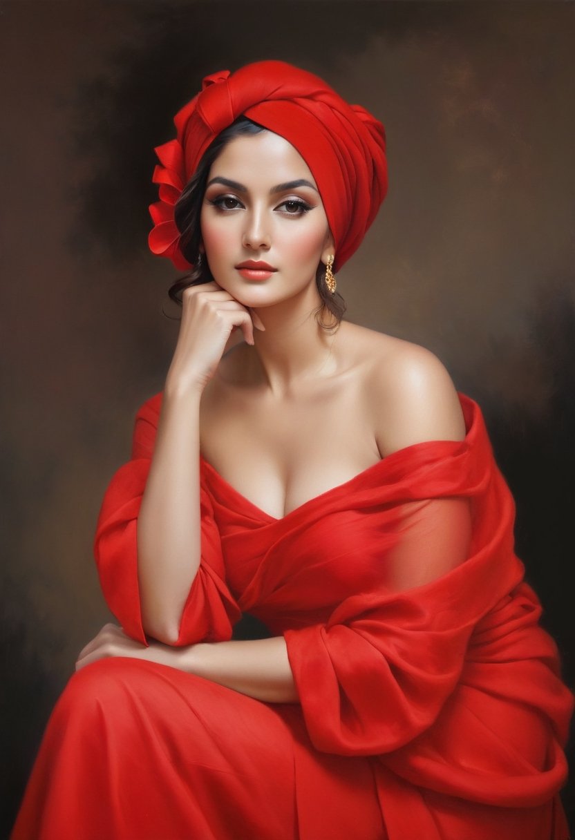 painting of a woman in a red dress and a red turban, beautiful portrait oil painting, Classic oil painting., classic oil painting, Oil painting of a realistic woman, Classicism oil painting, oil painting style, Famous oil painting, realism art, realism art style, painting high quality oil painting, woman painting, beautiful painting, Orientalism painting, portrait of modern darna,DonMM4g1cXL,Face makeup