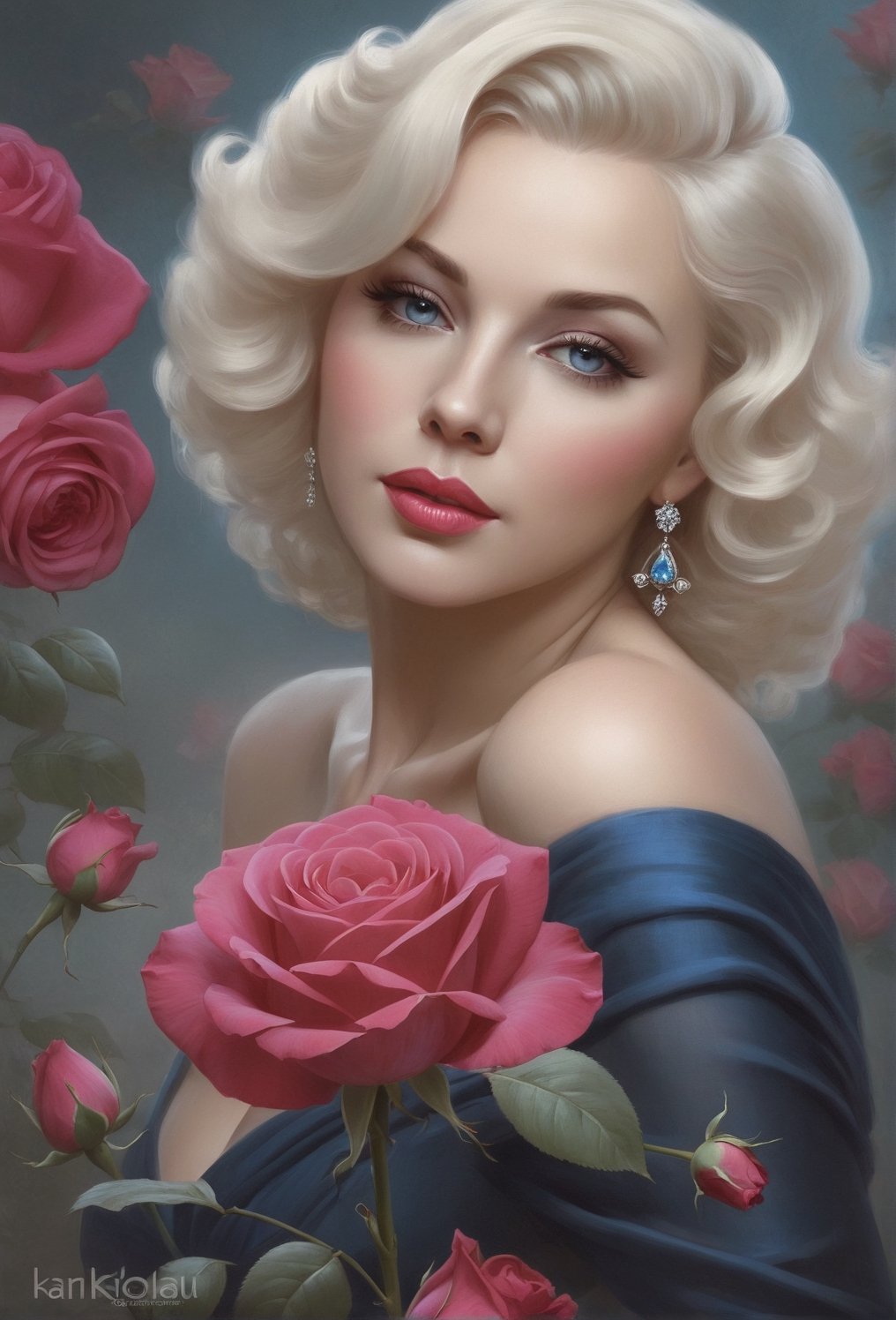 portrait of a 50-year-old woman, Slavic appearance, shoulder-length blond curly hair, beautiful blue dress, transparent chiffon dress, pink rose pinned on the chest, good body anatomy, beautiful shoulders, beautiful breasts, beautiful retro art, pin-up art, beautiful artwork digital art, gorgeous digital art, elegant digital painting, gorgeous woman, Karol Bak, Tom Bagshaw, beautiful artwork, gorgeous art, exquisite digital illustration, beautiful gorgeous digital art, beautiful digital art, Tom Bagsha