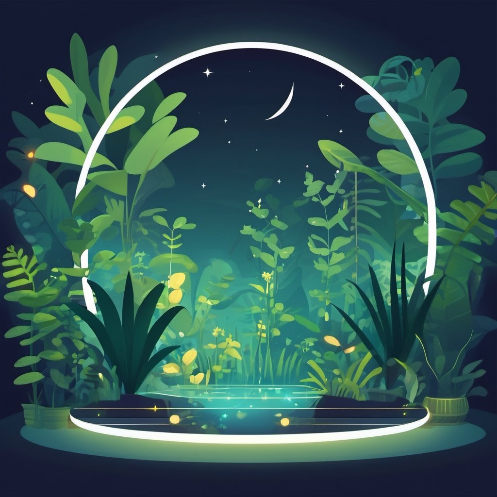 virtual reality lens,  plants,, night background, 2d, flat illustration