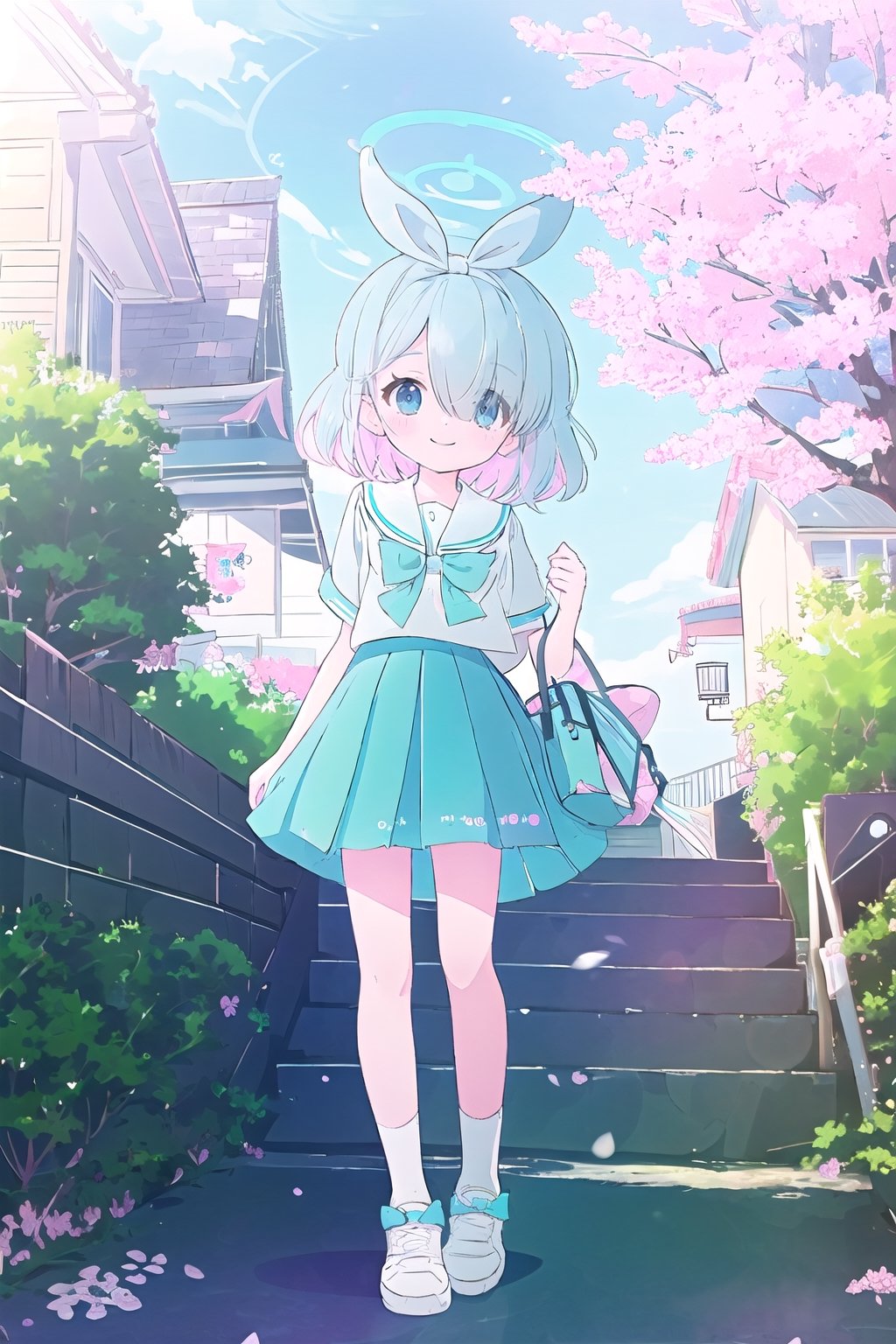 loli, kawaii, detailed anime realm, sea blue eyes, clear eyeball, short hair, straight hair, round face, white T-shirt, denim skirt, white socks, pigeon-toed, standing, smiling, right hand touching hair, one legs slightly bent, short legs, white shoes, sunlight, high school, school gate, sakura, tree, 1 girl, O,blue archive, masterpiece, high quality, kawaii moment, hair assessory with bow knot, blue archive, arona, left eye covered by hair, look forward,BAarona