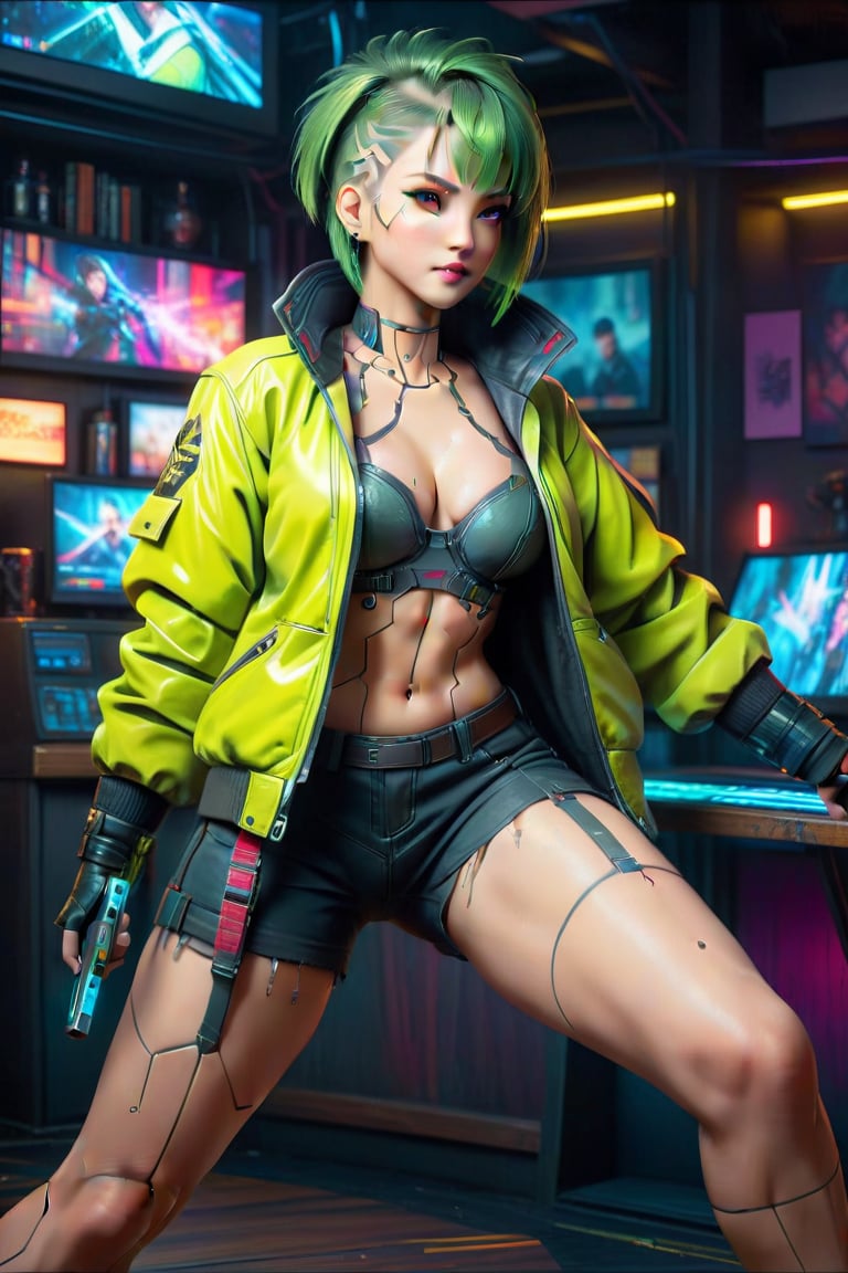 4k, 8k, high resolution, best quality, masterpiece: 1.3), ultra detailed, (realistic, photorealistic, photorealistic: 1.5), HDR, UHD, studio lighting, ultra-fine painting, sharp focus, physically based rendering, detailed description Extreme view, professional, bright colors. A woman wearing a jacket, short green hair, green eyes, girl singing rock in cyberpunk bar karaoke, The image is a digital painting filled with intricate details, from the woman's flawless features capturing a perfect combination of beauty and innovation in this compelling cyberpunk portrait. attractive woman,figurine,cyberpunk style,swordup,glowing sword,high guard sword parry stance,incoming vertical sword attack,Kazuto Kirigaya