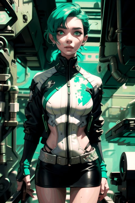 4k, 8k, high resolution, best quality, masterpiece: 1.3), ultra detailed, (realistic, photorealistic, photorealistic: 1.5), HDR, UHD, studio lighting, ultra-fine painting, sharp focus, physically based rendering, detailed description Extreme view, professional, bright colors. A woman wearing a jacket, short green hair, green eyes,  girl wielding sword, short skirt. The image is a digital painting filled with intricate details, from the woman's flawless features capturing a perfect combination of beauty and innovation in this compelling cyberpunk portrait. attractive woman,figurine,cyberpunk style,masterpiece