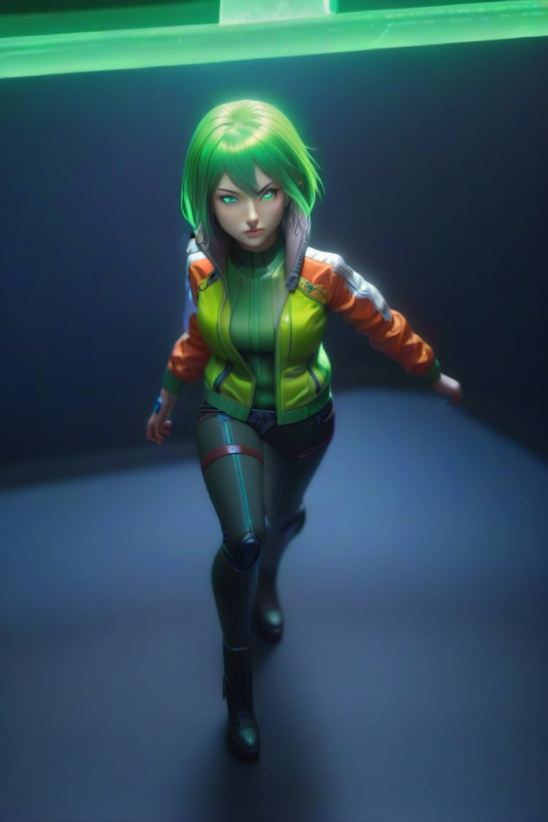 4k, 8k, high resolution, best quality, masterpiece: 1.3), ultra detailed, (realistic, photorealistic, photorealistic: 1.5), HDR, UHD, studio lighting, ultra-fine painting, sharp focus, physically based rendering, detailed description Extreme view, professional, bright colors. A woman wearing a jacket, short green hair, green eyes, girl singing rock in cyberpunk bar karaoke, The image is a digital painting filled with intricate details, from the woman's flawless features capturing a perfect combination of beauty and innovation in this compelling cyberpunk portrait. attractive woman,figurine,cyberpunk style,swordup,glowing sword,high guard sword parry stance,incoming vertical sword attack,Kazuto Kirigaya