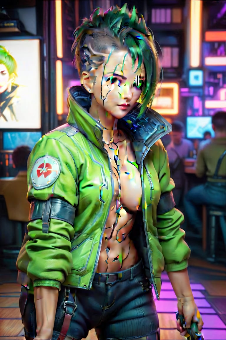 4k, 8k, high resolution, best quality, masterpiece: 1.3), ultra detailed, (realistic, photorealistic, photorealistic: 1.5), HDR, UHD, studio lighting, ultra-fine painting, sharp focus, physically based rendering, detailed description Extreme view, professional, bright colors. A woman wearing a jacket, short green hair, green eyes, girl singing rock in cyberpunk bar karaoke, The image is a digital painting filled with intricate details, from the woman's flawless features capturing a perfect combination of beauty and innovation in this compelling cyberpunk portrait. attractive woman,figurine,cyberpunk style,swordup,glowing sword,high guard sword parry stance,incoming vertical sword attack,Kazuto Kirigaya