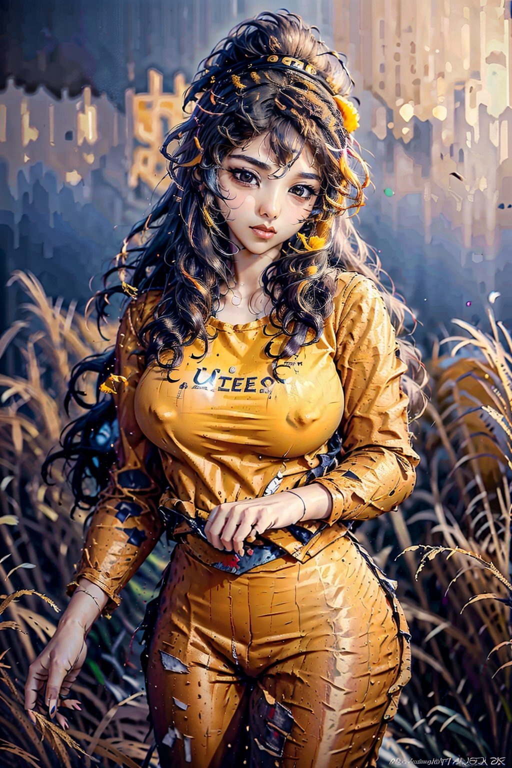 (masterpiece, top quality, best quality, official art, beautiful and aesthetic:1.2), hdr, high contrast, wideshot, 1girl, very long black hair with bangs, looking at viewer, clearly brown eyes, longfade eyebrow, soft make up, ombre lips, large breast (cheerfull act), frosty, yellow top clothes, blue jeans, (kpop clothing theme:1.5), finger detailed, background detailed, ambient lighting, extreme detailed, cinematic shot, realistic ilustration, (soothing tones:1.3), (hyperdetailed:1.2),no_bra
,Mallu girl