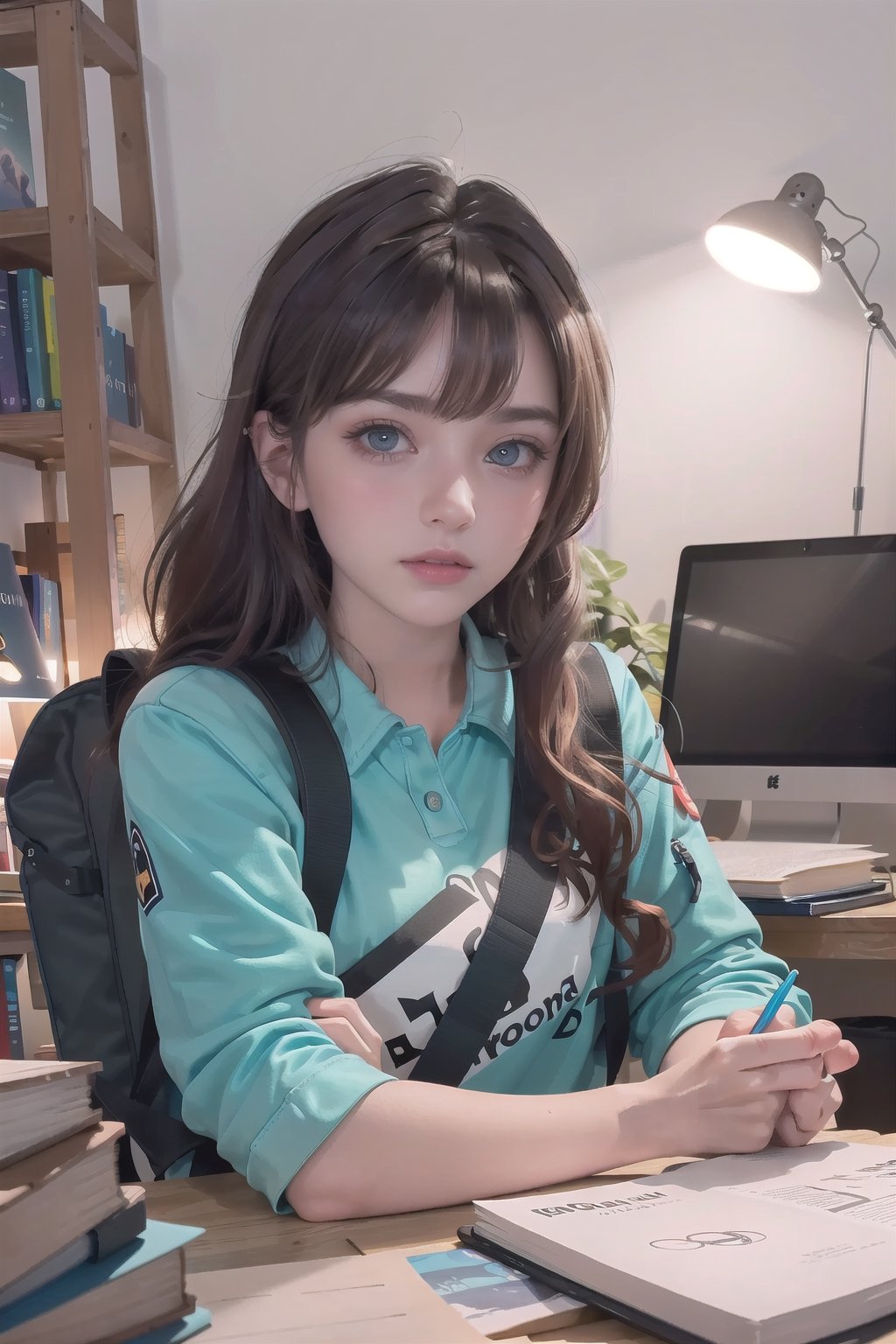 student girl, wearing a colorful backpack with patches and pins, holding a stack of books in her arms, a pencil behind her ear, glasses perched on her nose, sitting at a wooden desk in a bright and cozy study room, surrounded by bookshelves filled with books of various genres, a desk lamp casting a warm glow on the workspace, a laptop open with notes scattered on the screen, a motivational quote poster on the wall, capturing the studious and determined nature of the girl, in a realistic photographic style, shot with a Canon EOS 5D Mark IV camera, 50mm lens, capturing a depth of field that highlights the girl’s face and books,
