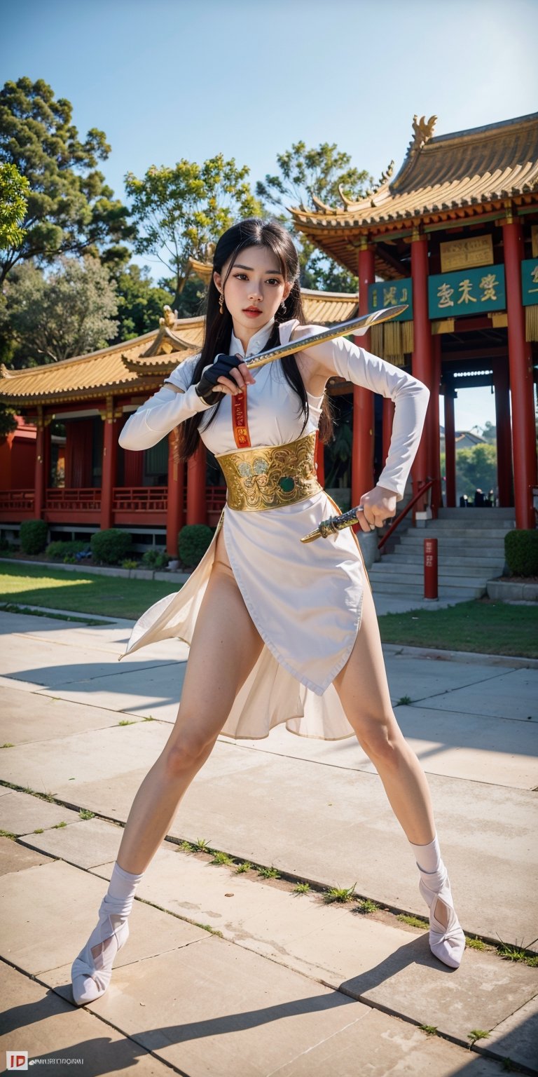 (Raw photo) Chinese Queen fighting on Sholing temple, with sword realistic HD quality character, wearing traditional war worrior dress, full body Photo, background Chinese civilization temple's, realistic HD high quality picture, backround dragon temple.
