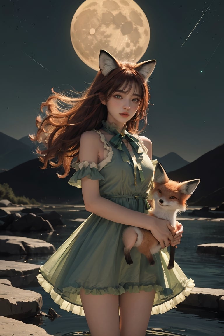 The (girl with fox ears) in a ((green frilly dress) with (red ribbons)), she carries a ((small fox)) in her arms, her (long orange hair) flowing in the wind, standing on transluscent (blue rocks), the (small fox) is sleeping, silvery water pond, under the starry night sky, dark blue mountains far away, big moon, (crescent moon) , beautiful, lavish, ephemeral, dull body portrait, fantasy, ultrarealism, , ultra-detail, (highres:1.1), best quality, (masterpiece:1.3), beautiful, hires, absurdres
