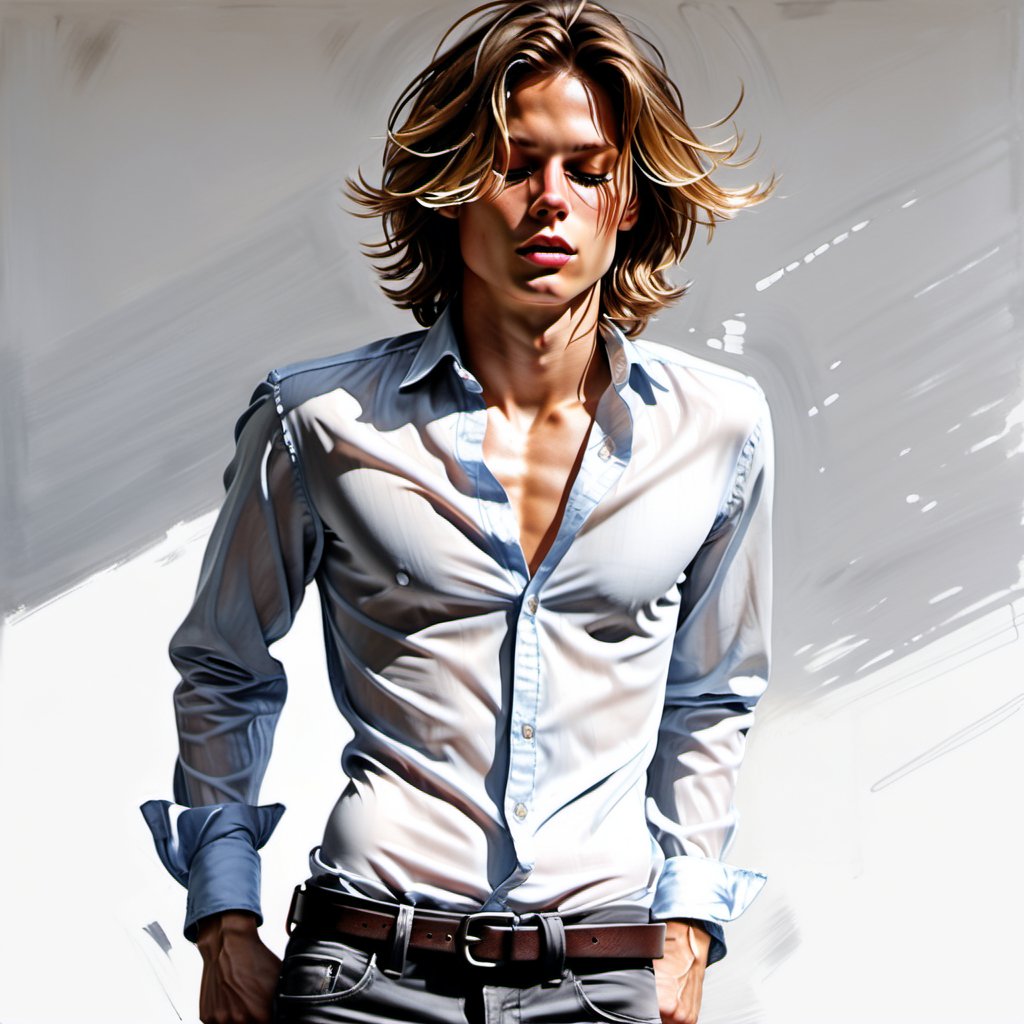 black and white painting, Duisburg, messy hair, guy, looks like Marcus Schenkenberg, wide open shirt, twenty years old, sleeping, tan skin, middle part hair, darkblonde hair, middle length hair, strands of hair on the face, closed eyes, lips opened, abs, open shirt, wide open shirt, wet white shirt, long sleeves rolled up, see through shirt, shirt stretched, shirt wide open so you can see the perfect body, shirt collar wide open, shirt opened up to the belly button, very tight fitting shirt, skin_tight-Shirt, bright shoulders, arrogant, shirt bottom in jeans, narcissistic, tight fitting jeans trouser, leather belt, sexy, tight shirt, lying on floor,  Extremely Realistic,Sketch