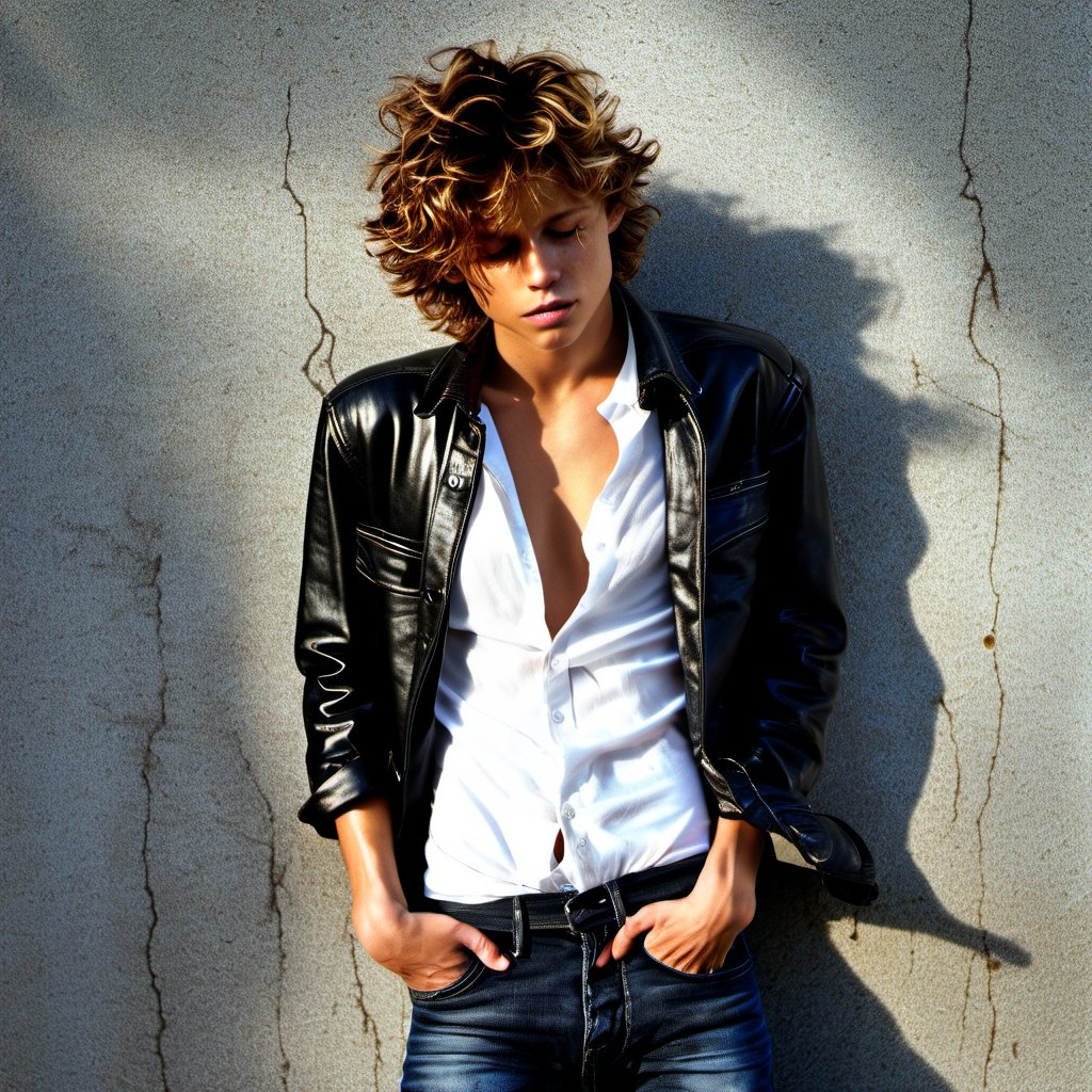 photo, messy hair, guy, looks like Tom Becker,
twentyfive years old, tan skin, perfect body, curly hair, darkblonde hair, middle length hair, side part hair, strands of hair on the face, 
closed eyes, 
black leather jacket, lips opened, abs, wide open shirt under a leather jacket, white shirt, shirt collar wide open, only one shirt botton closed, shirt open to the belly botton, white shirt stretches over body, shirt bottom in jeans, 
jeans trouser,
arrogant, narcissistic, jeans trouser, leather belt, sexy,, condescending, hot, attractive, , 
sleeping, lying unconscious on concrete ground, arms whirling around, 