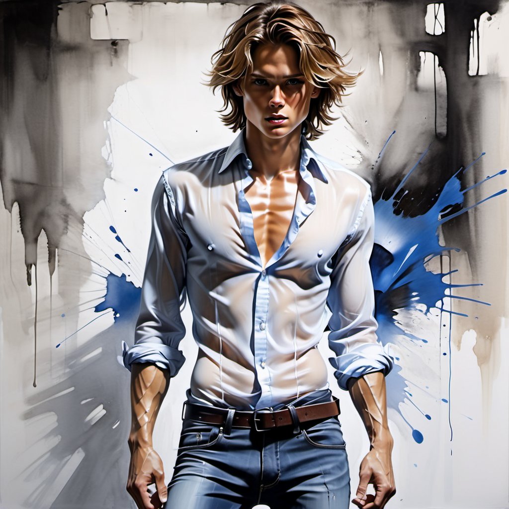 black and white painting, dark cellar, messy hair, guy, looks like Marcus Schenkenberg, wide open shirt, twenty years old, tan skin, middle part hair, darkblonde hair, middle length hair, strands of hair on the face, blue eyes, lips opened, abs, open shirt, wide open shirt, wet white shirt, long sleeves rolled up, see through shirt, shirt stretched, shirt wide open so you can see the perfect body, shirt collar wide open, shirt opened up to the belly button, very tight fitting shirt, skin_tight-Shirt, bright shoulders, arrogant, shirt bottom in jeans, narcissistic, tight fitting jeans trouser, leather belt, sexy, tight shirt, aggressive, angry, ready to fight,   Extremely Realistic,Sketch