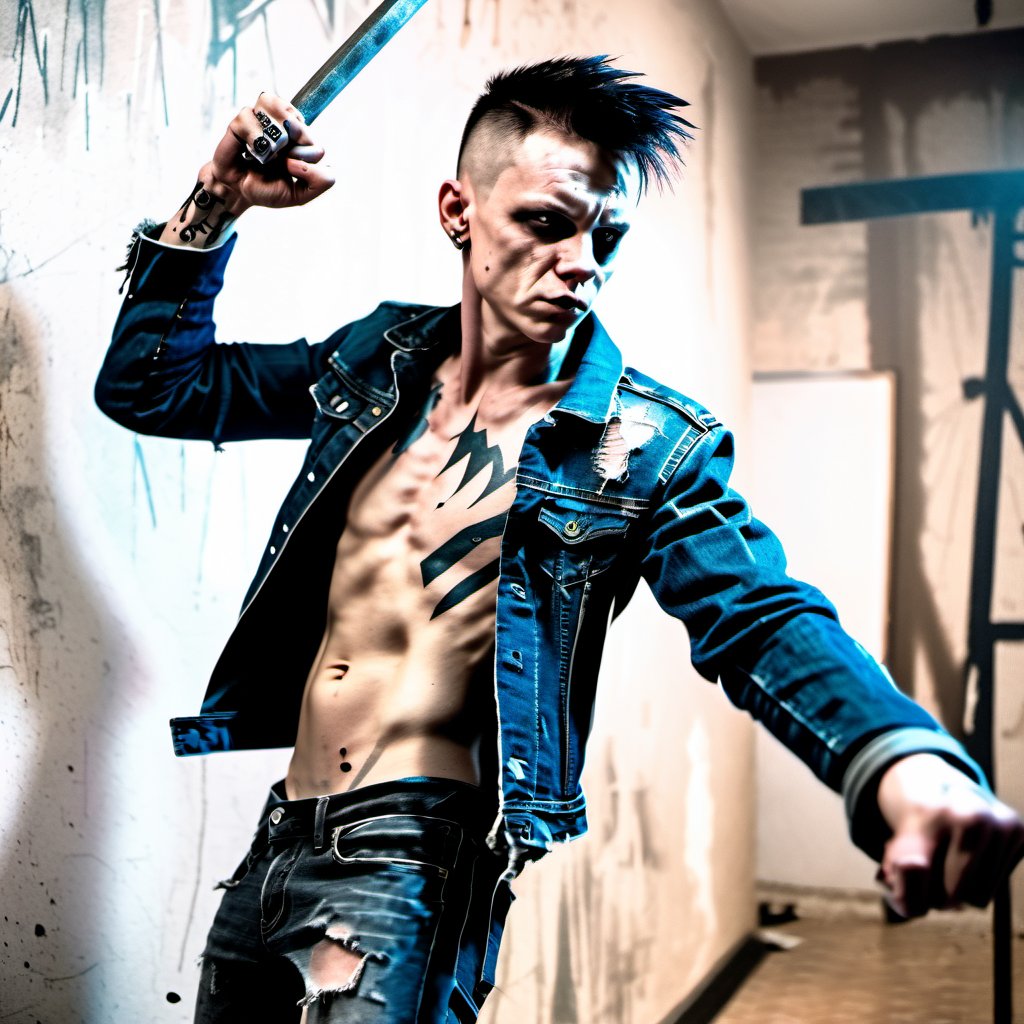 photo shooting, 
brutal guy, mid-twenty, dark hair, shaved hairs, 
jeans jacket, punker,
thin guy, abs, scar on face, 
aggressive, dancing in a room,
arms whirling,
holds a metal hammer his left hand
