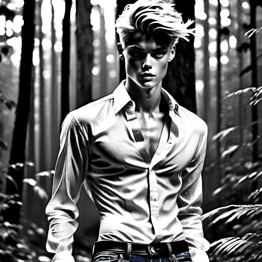 black and white painting, forest path, messy hair, guy, twenty years old, looks like Lucky Blue Smith, shirt wide open, shirt open to the belly button, shirt unbuttoned to the belly button tan skin, side part hair, blonde hair, hairs shaved on sides,  strands of hair on the face, darkblue eyes, lips opened, abs, wide open shirt, wet white shirt, long sleeves rolled up, see through shirt, shirt stretched, shirt stretches over body, shirt collar wide open, very tight fitting shirt, skin_tight-Shirt, bright shoulders, arrogant, shirt bottom in jeans, narcissistic, tight fitting jeans trouser, leather belt, sexy, hot, wet shirt, very tight shirt, shirt collar tight up over the ears,Sketch