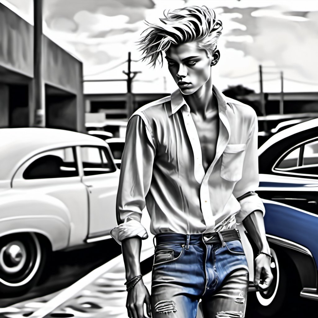 black and white painting, parking spot, cars, messy hair, guy, twenty years old, looks like Lucky Blue Smith, shirt open to belly button, shirt wide open, shirt unbuttoned to the belly button, tan skin, side part hair, blonde hair, hairs shaved on sides,  strands of hair on the face, darkblue eyes, lips opened, abs, wide open shirt, wet white shirt, long sleeves rolled up, see through shirt, shirt stretched, shirt stretches over body, shirt collar wide open, very tight fitting shirt, skin_tight-Shirt, bright shoulders, arrogant, shirt bottom in jeans, narcissistic, tight fitting jeans trouser, leather belt, sexy, wet shirt, very tight shirt, arrogant, posing, aggressive, Sketch