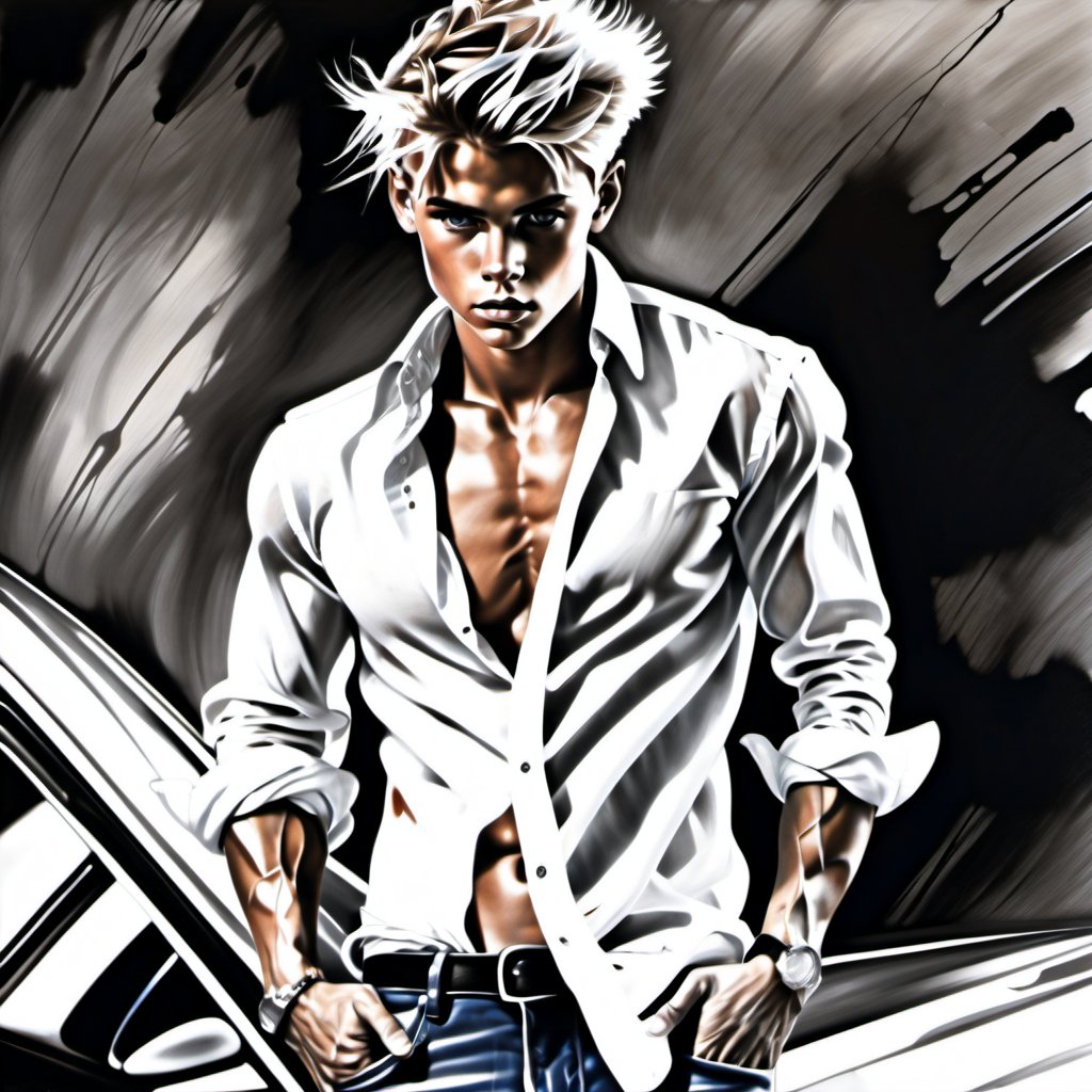 black and white painting, parking spot, cars, messy hair, guy, twenty years old, looks like Marlo Koslowski, shirt wide open, shirt unbuttoned to the belly button, tan skin, side part hair, blonde hair, hairs shaved on sides,  strands of hair on the face, darkblue eyes, lips opened, abs, wide open shirt, wet white shirt, long sleeves rolled up, see through shirt, shirt stretched, shirt stretches over body, shirt collar wide open, very tight fitting shirt, skin_tight-Shirt, bright shoulders, arrogant, shirt bottom in jeans, narcissistic, tight fitting jeans trouser, leather belt, sexy, hot, wet shirt, very tight shirt, shirt collar tight up over the ears,Sketch